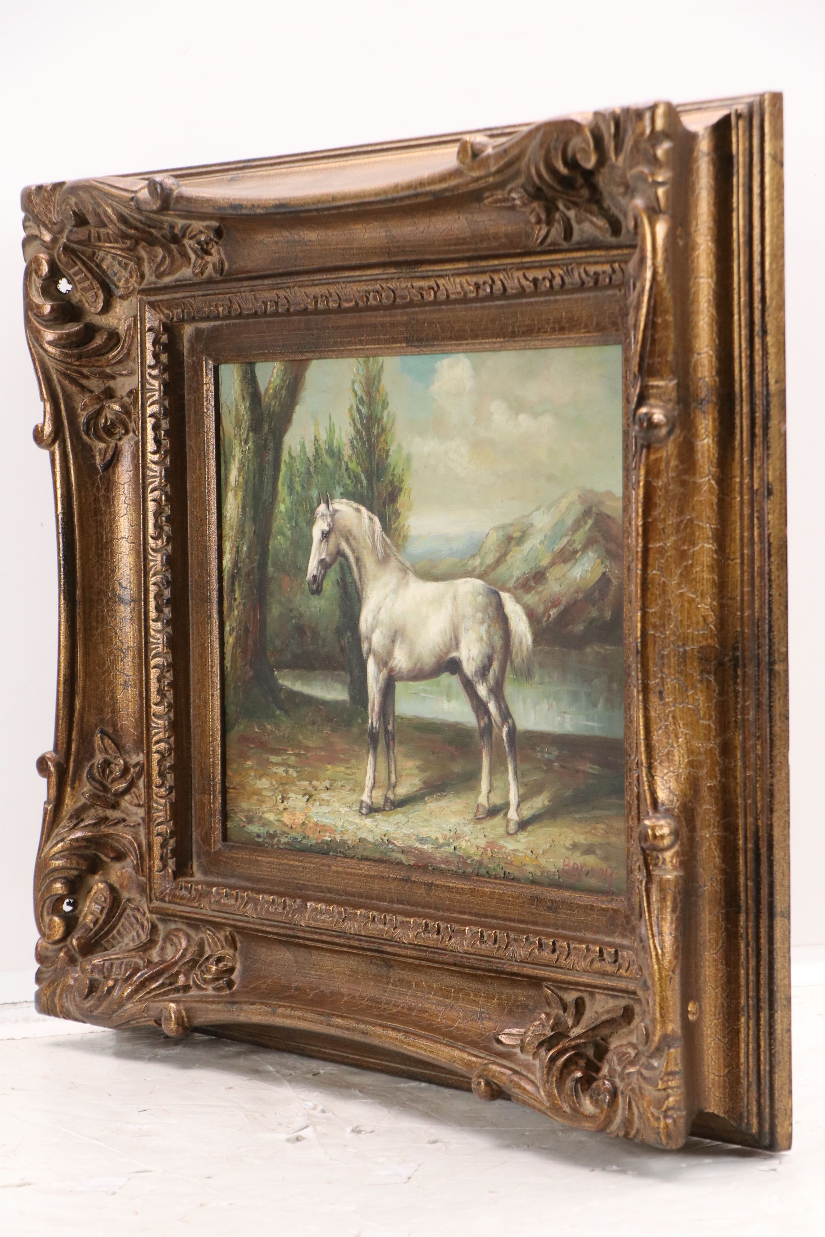 Oil Painting of White Horse by Mountain Lake, Late 20th Century