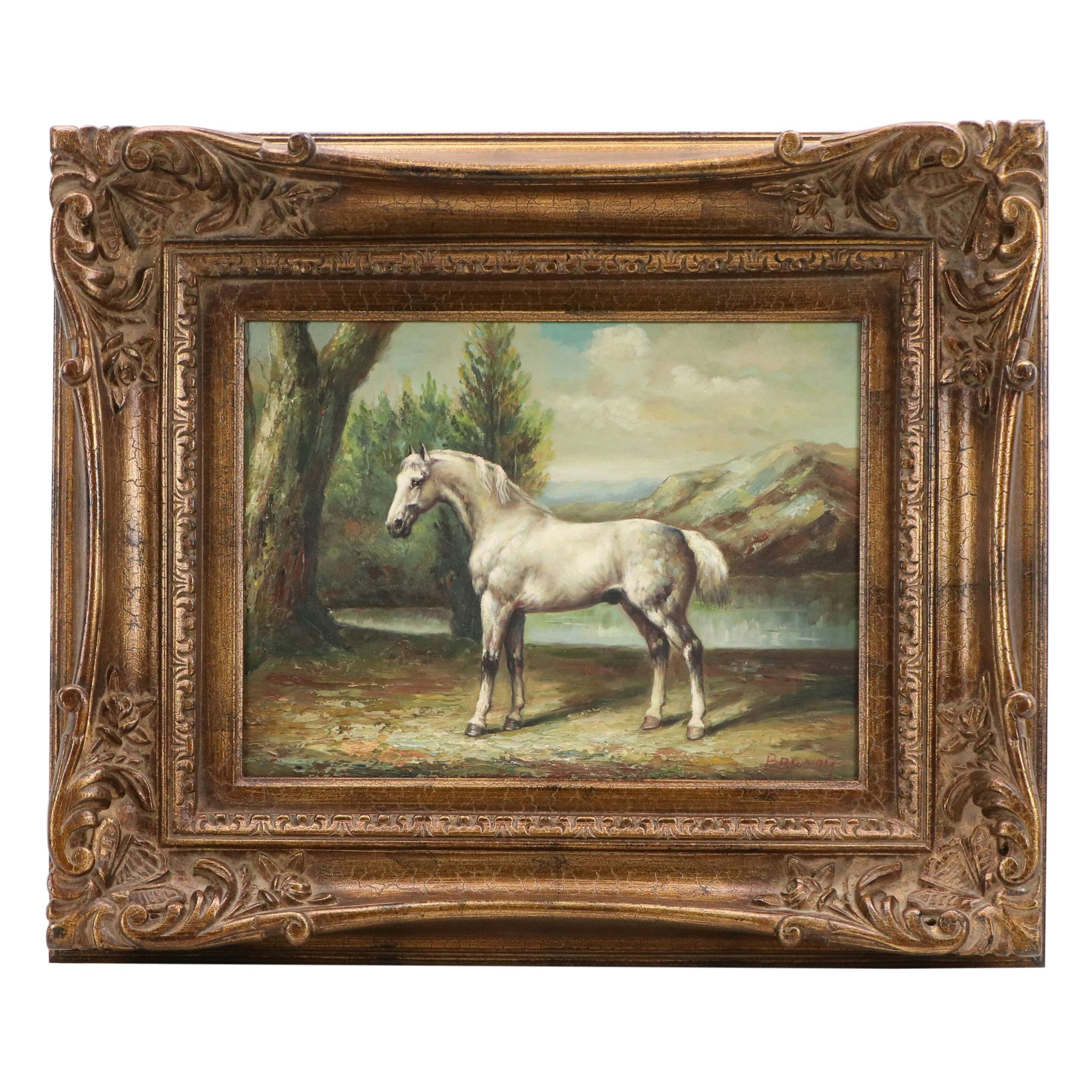 Oil Painting of White Horse by Mountain Lake, Late 20th Century