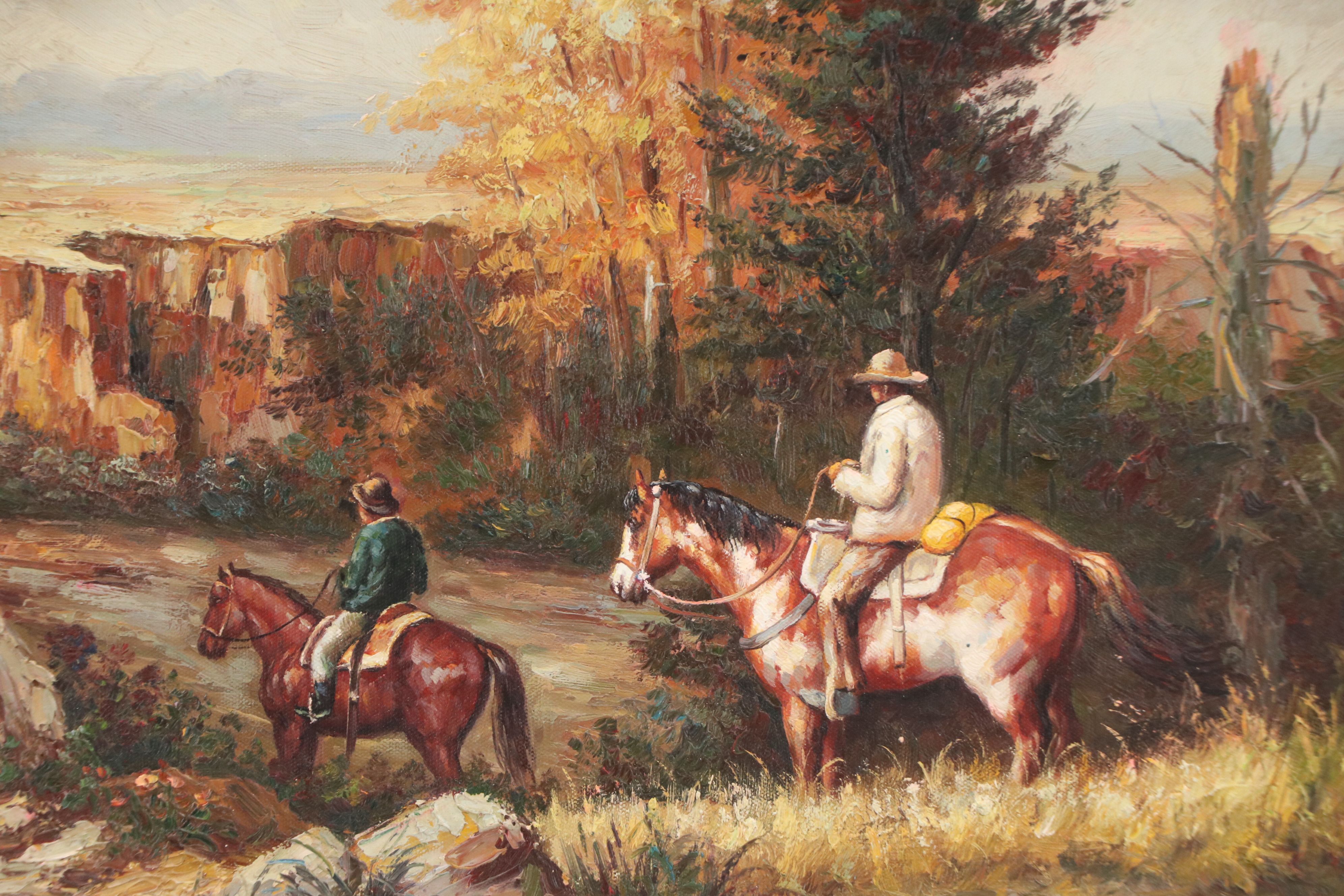 Oil Painting of Southwestern Landscape with Riders, Late 20th Century