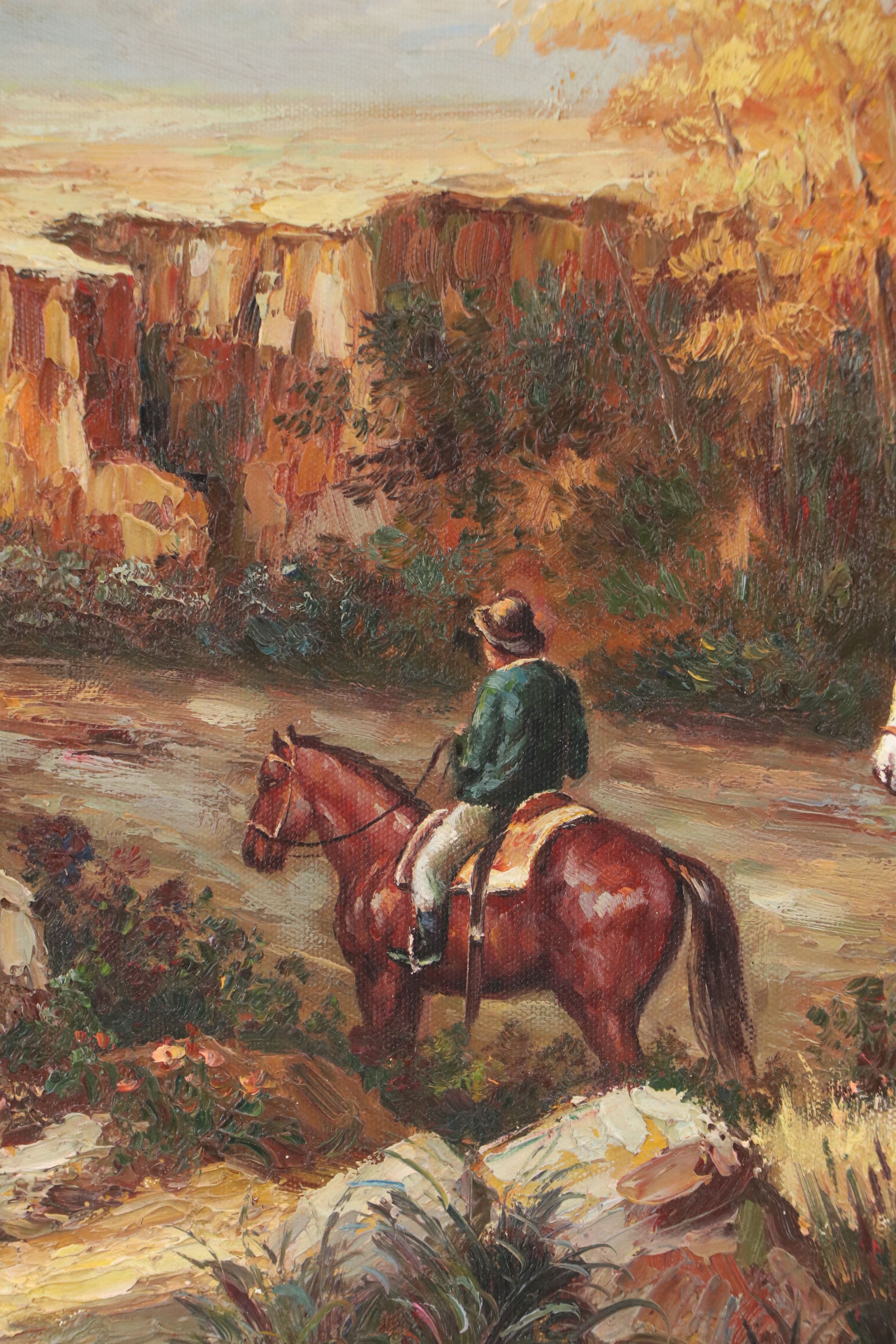 Oil Painting of Southwestern Landscape with Riders, Late 20th Century