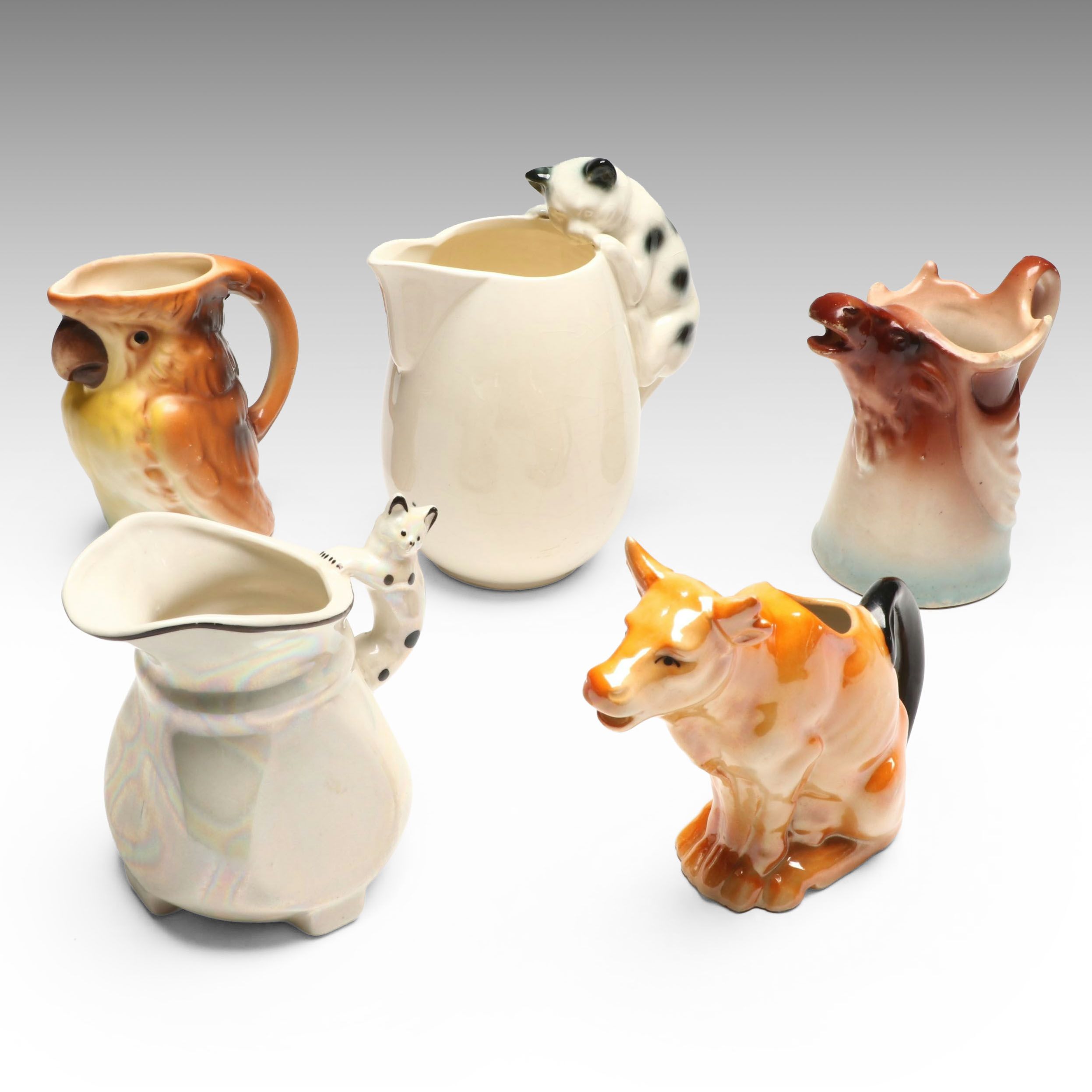 Erphila Fayence with Other Novelty Ceramic Animal Creamers, Early to Mid-20th C.