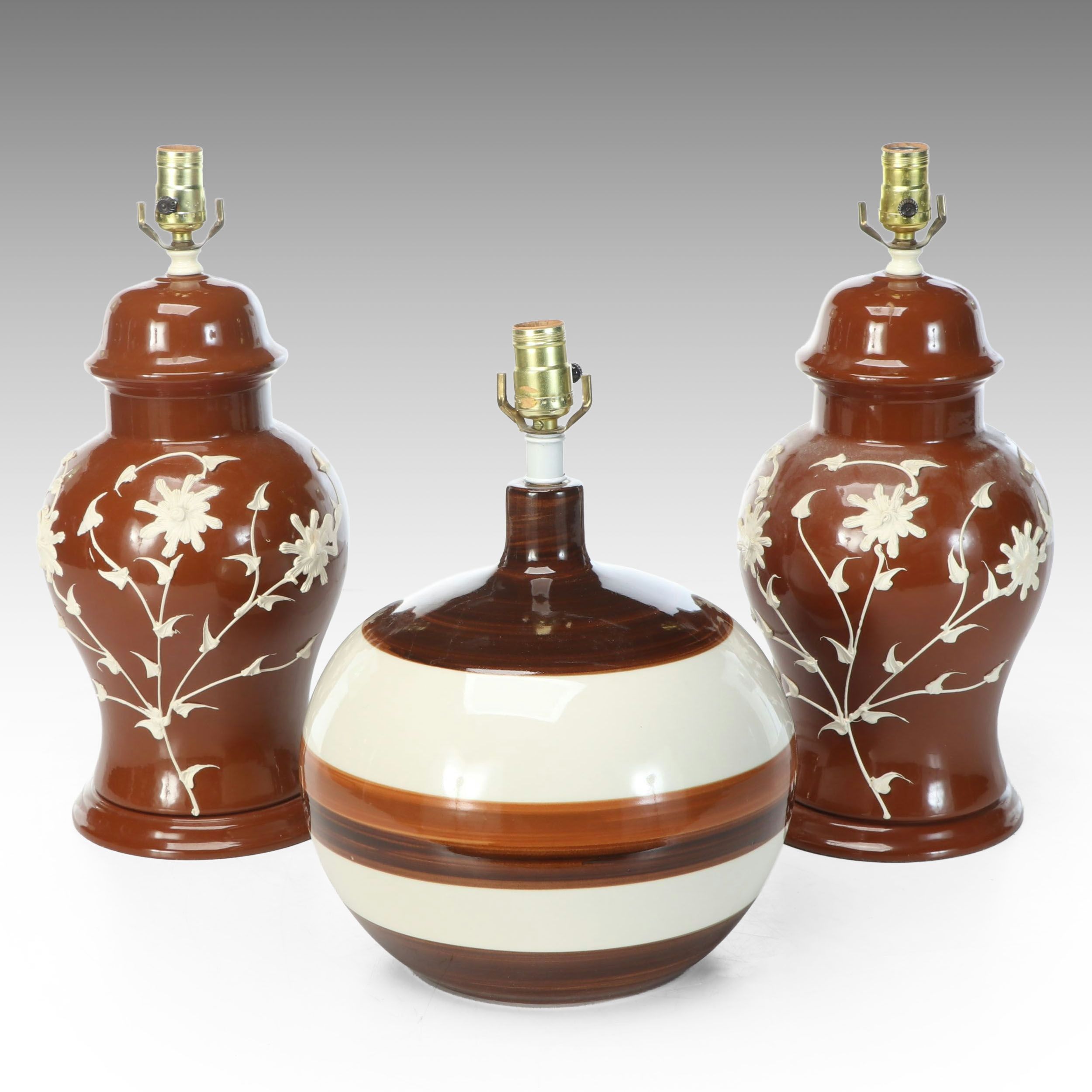Rustic Floral Brown Glaze Ceramic Urn Table Lamps with Other Table Lamp