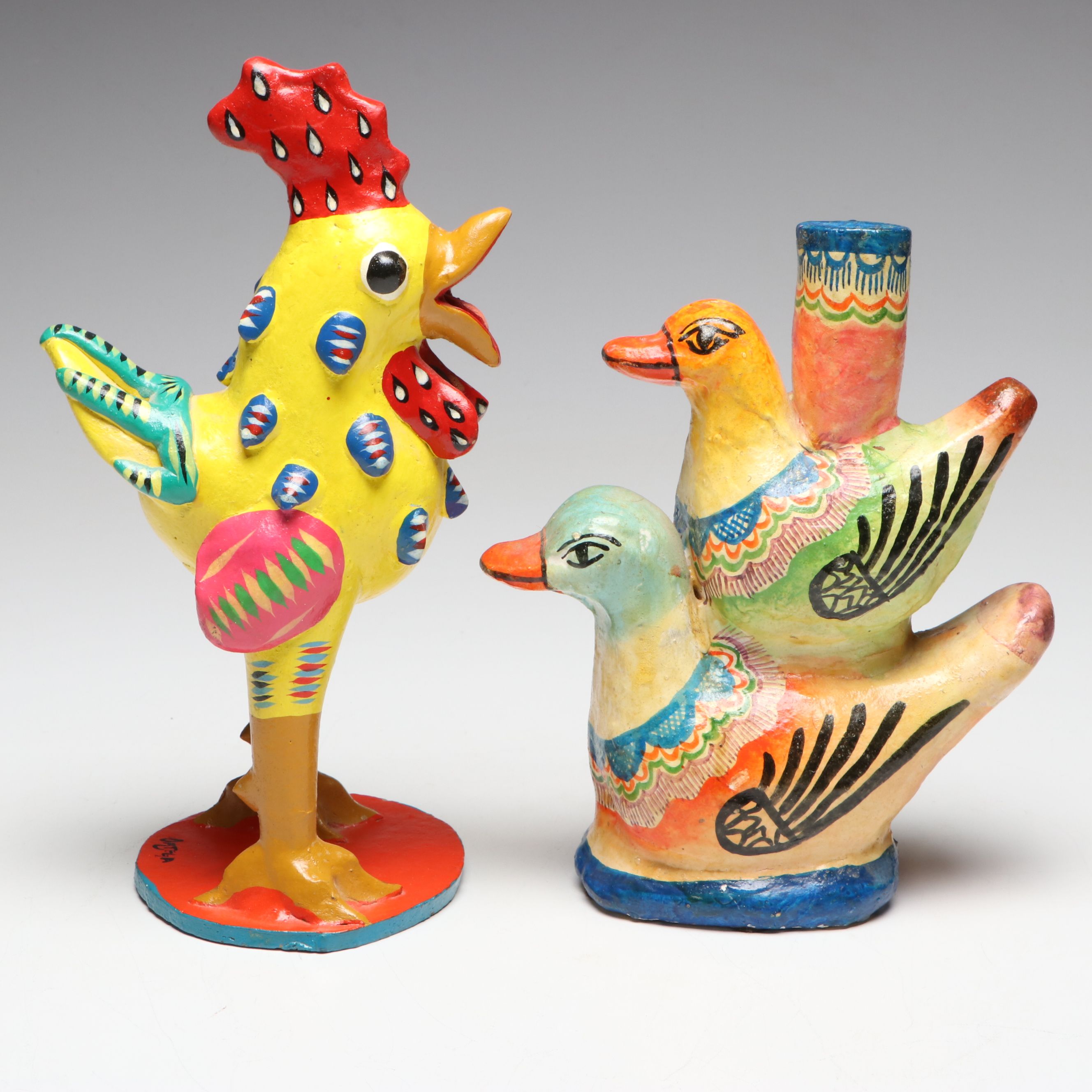 Gerardo Ortega Mexican Folk Art Rooster with Ceramic Planter and Vase