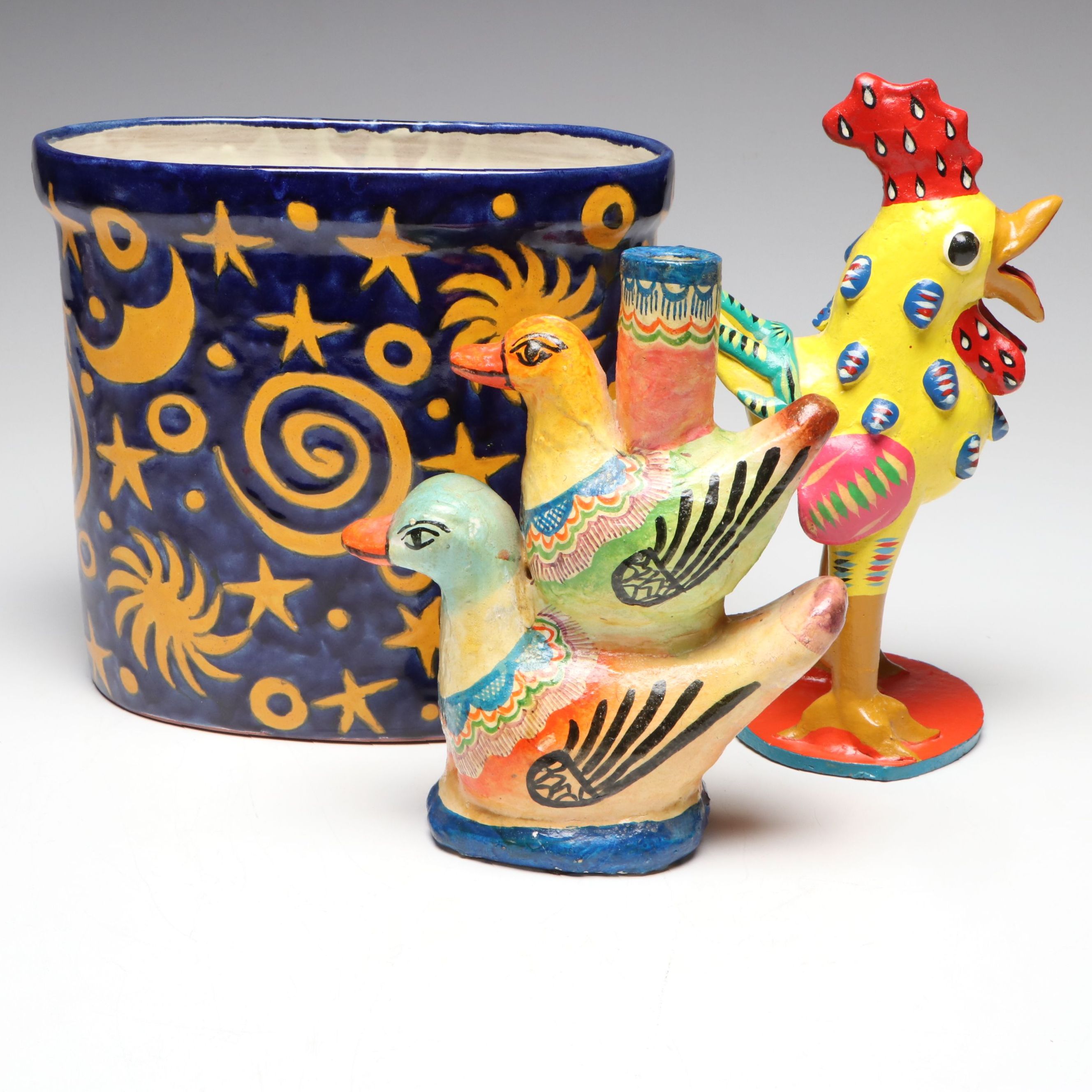 Gerardo Ortega Mexican Folk Art Rooster with Ceramic Planter and Vase