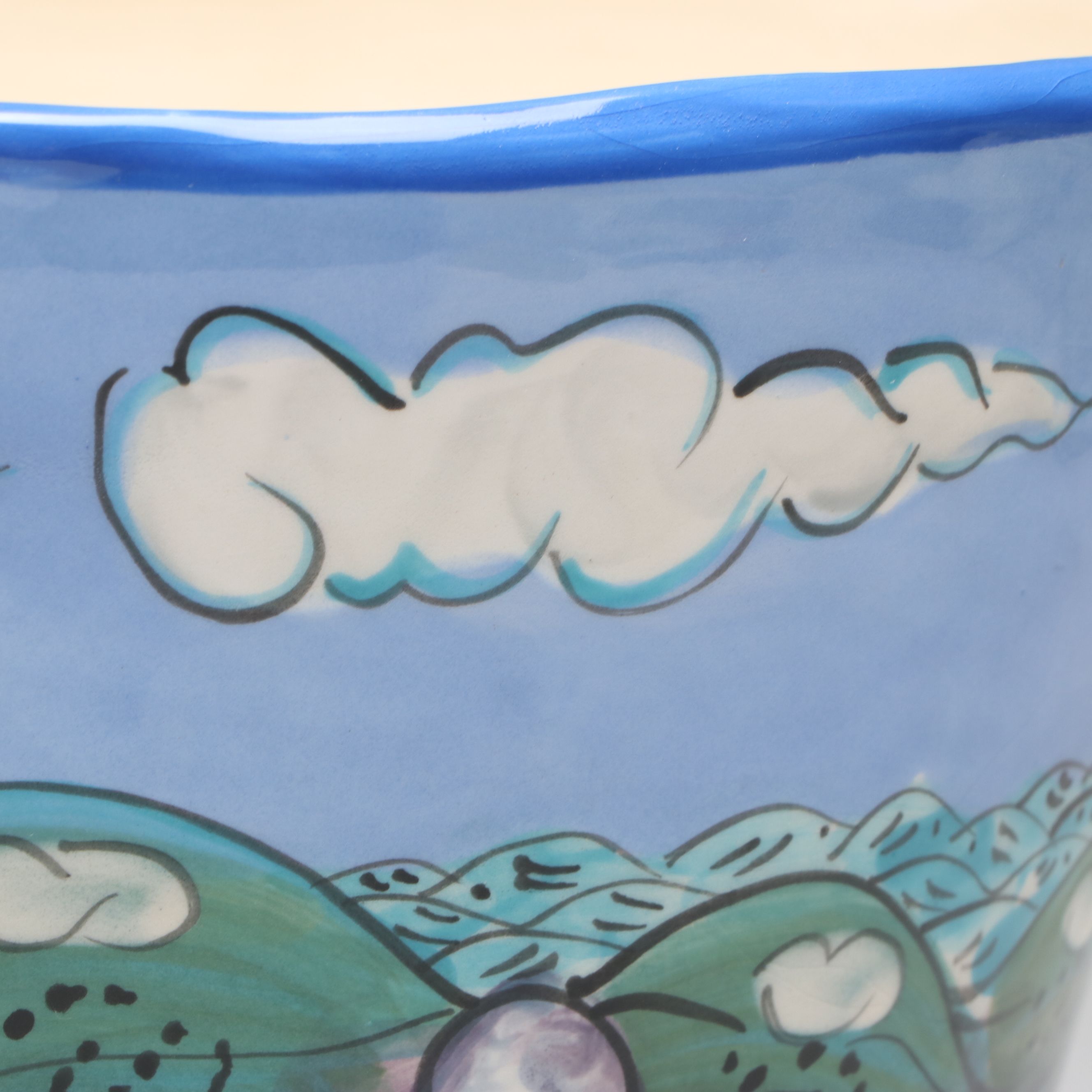 Artisan Crafted Landscape Scene Ceramic Footed Bowl Signed "Victor"