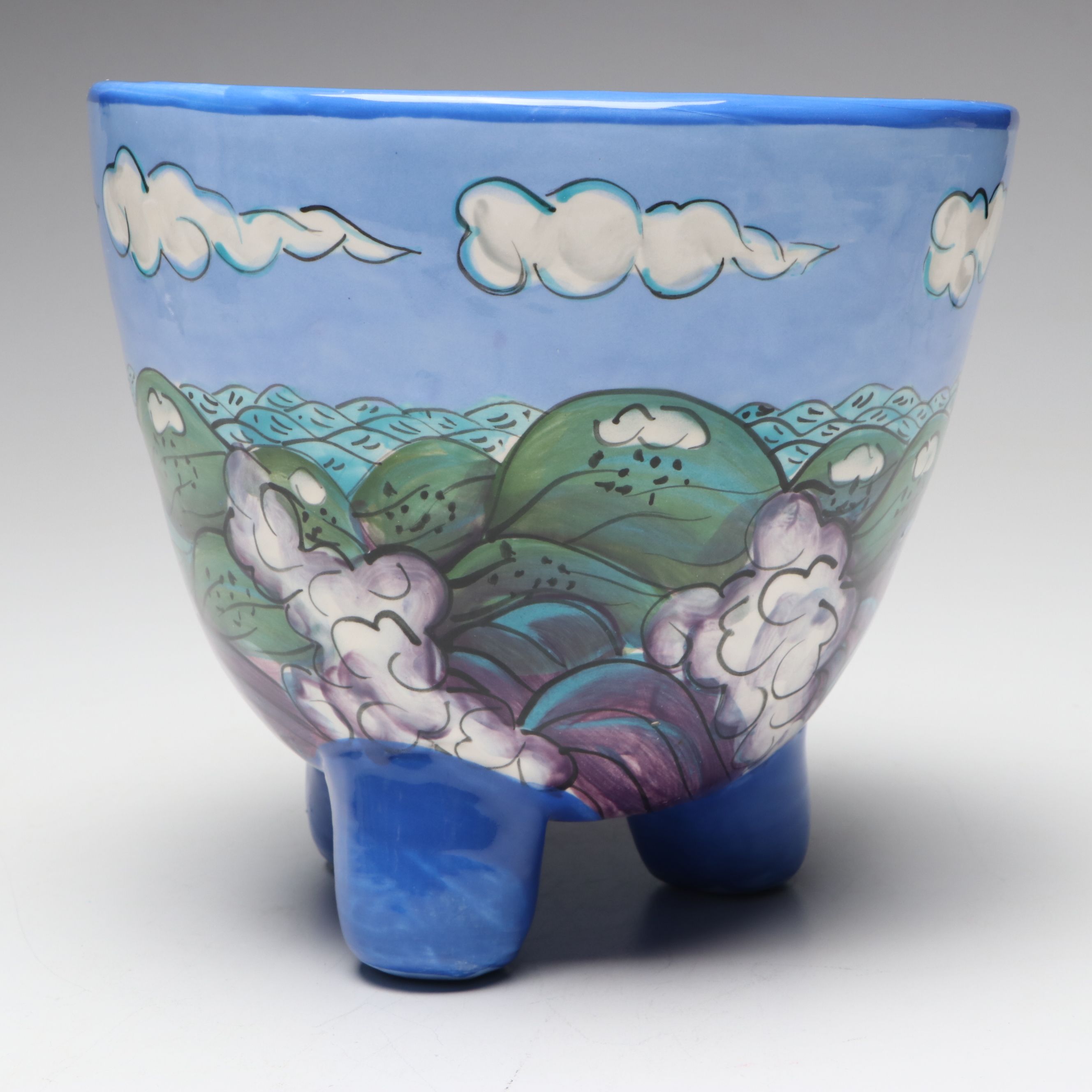 Artisan Crafted Landscape Scene Ceramic Footed Bowl Signed "Victor"