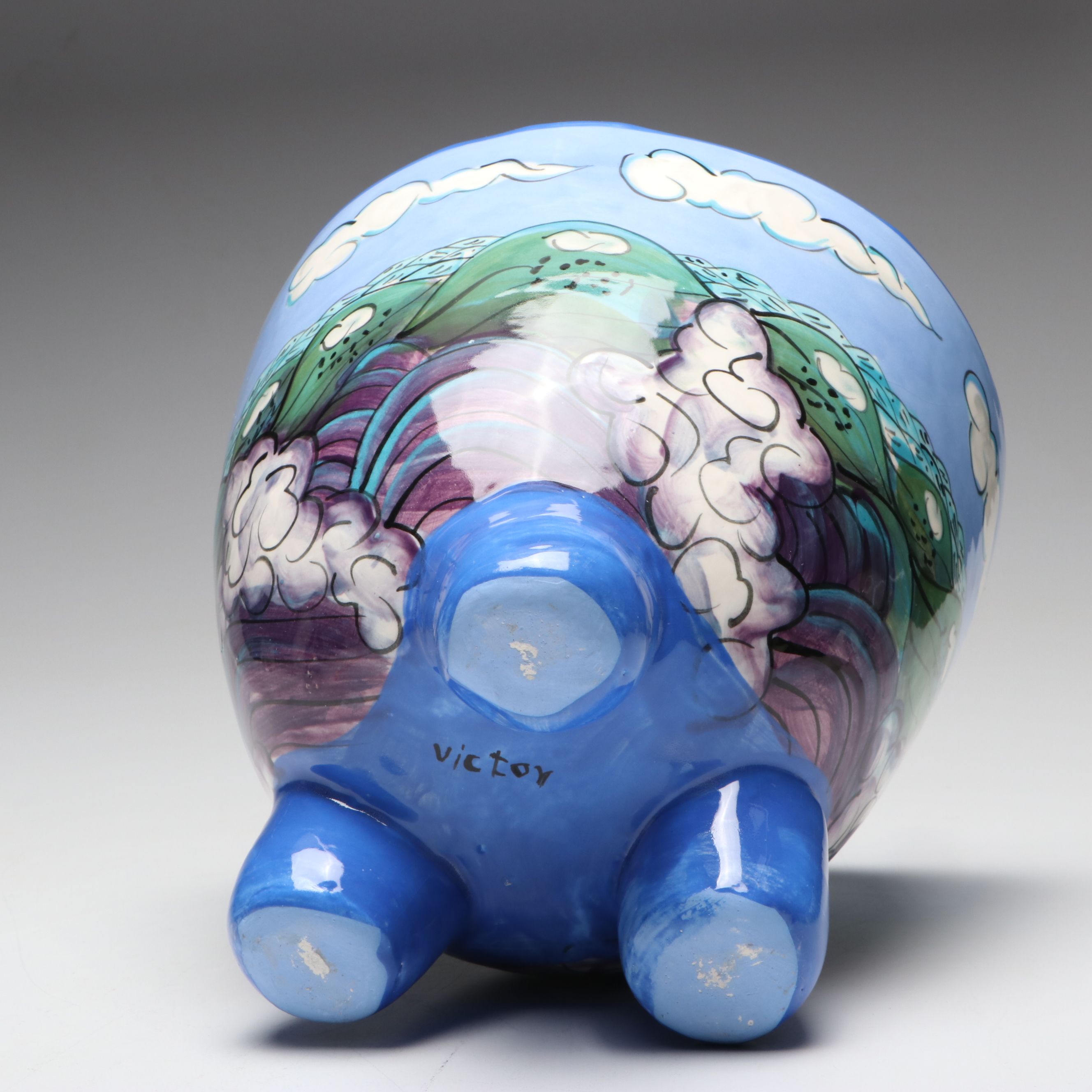 Artisan Crafted Landscape Scene Ceramic Footed Bowl Signed "Victor"