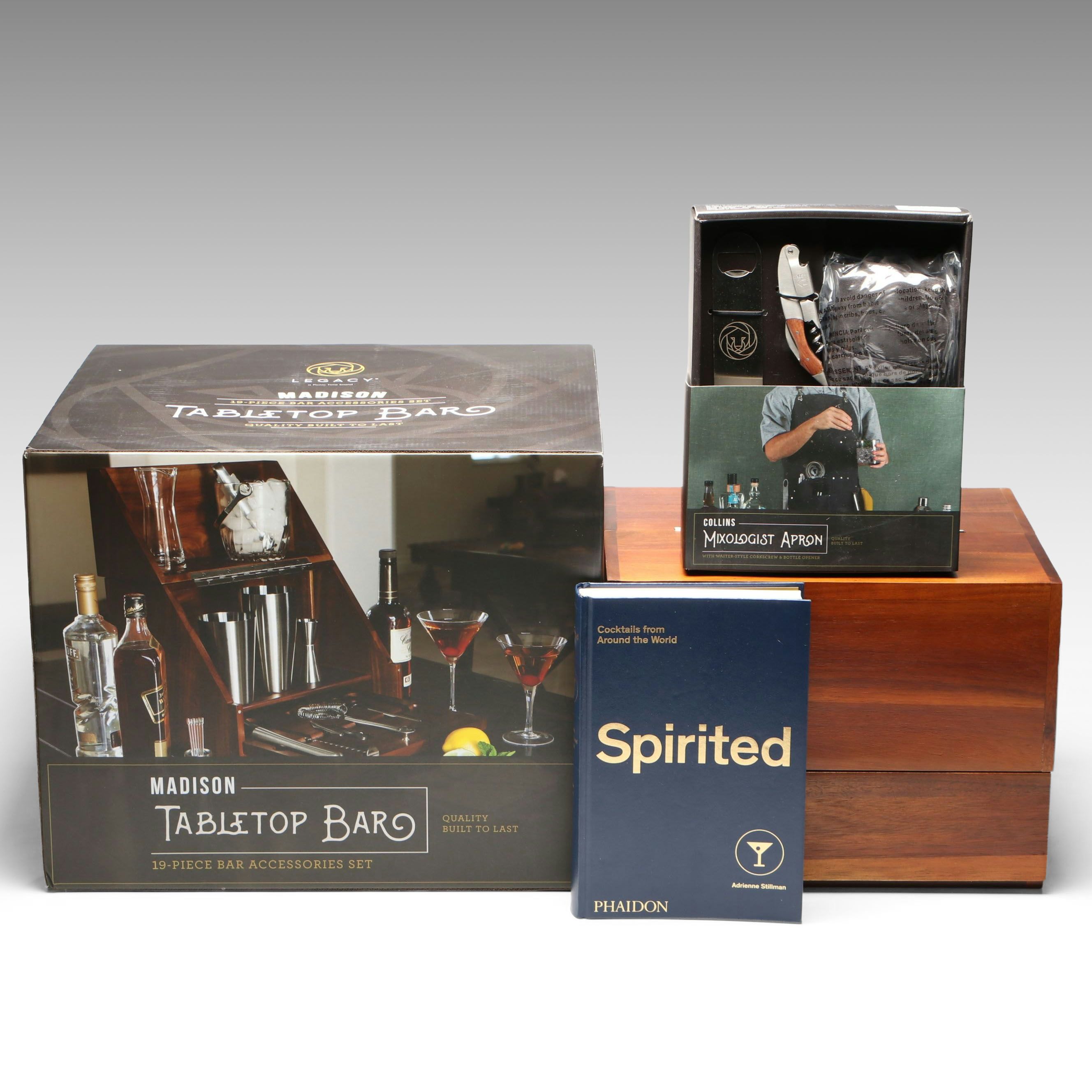 Legacy "Madison" Wooden Tabletop Bar with Cocktail Book and Other Bar Tools