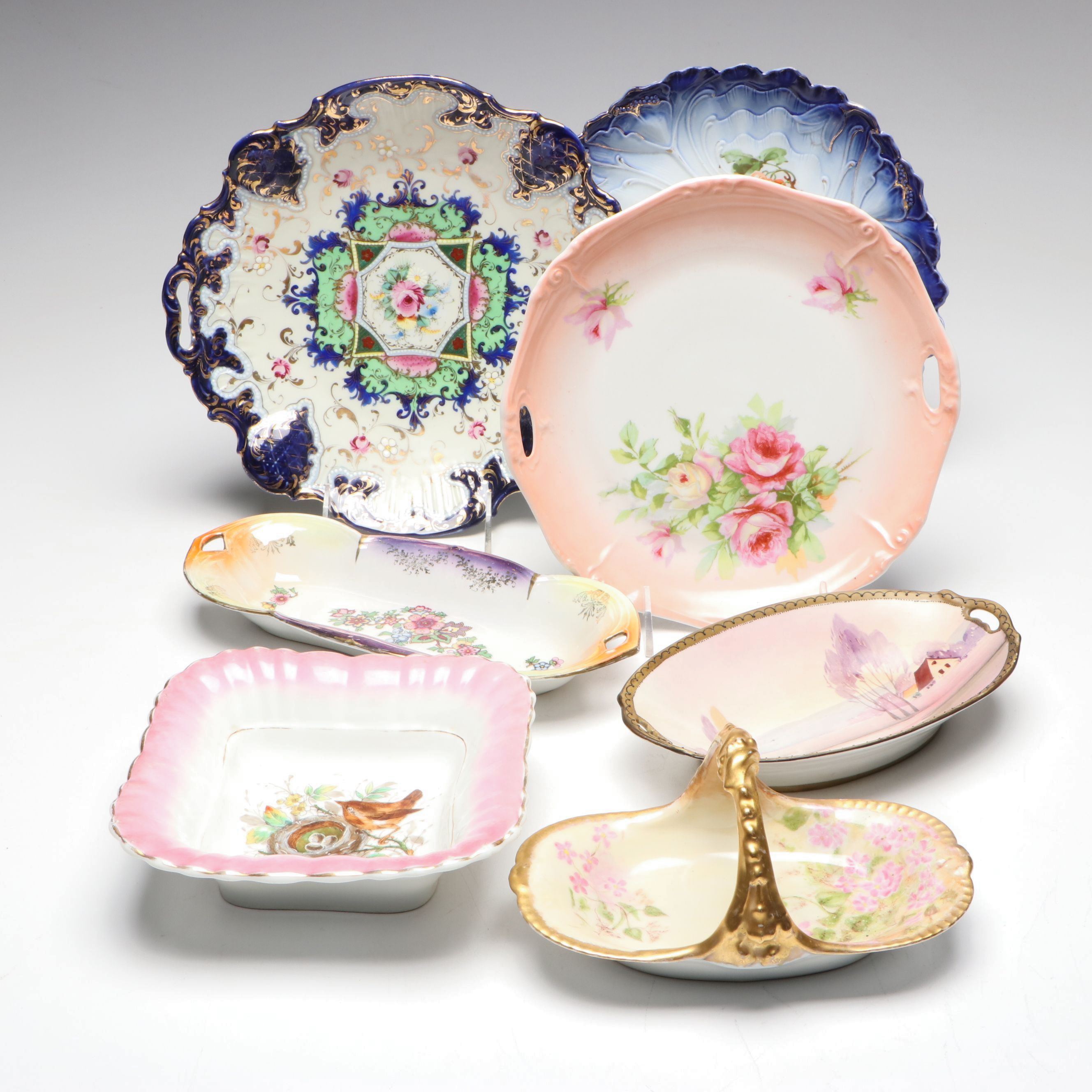 Limoges Basket Dish and Other Hand-Painted Gilt Porcelain Serving Dishes