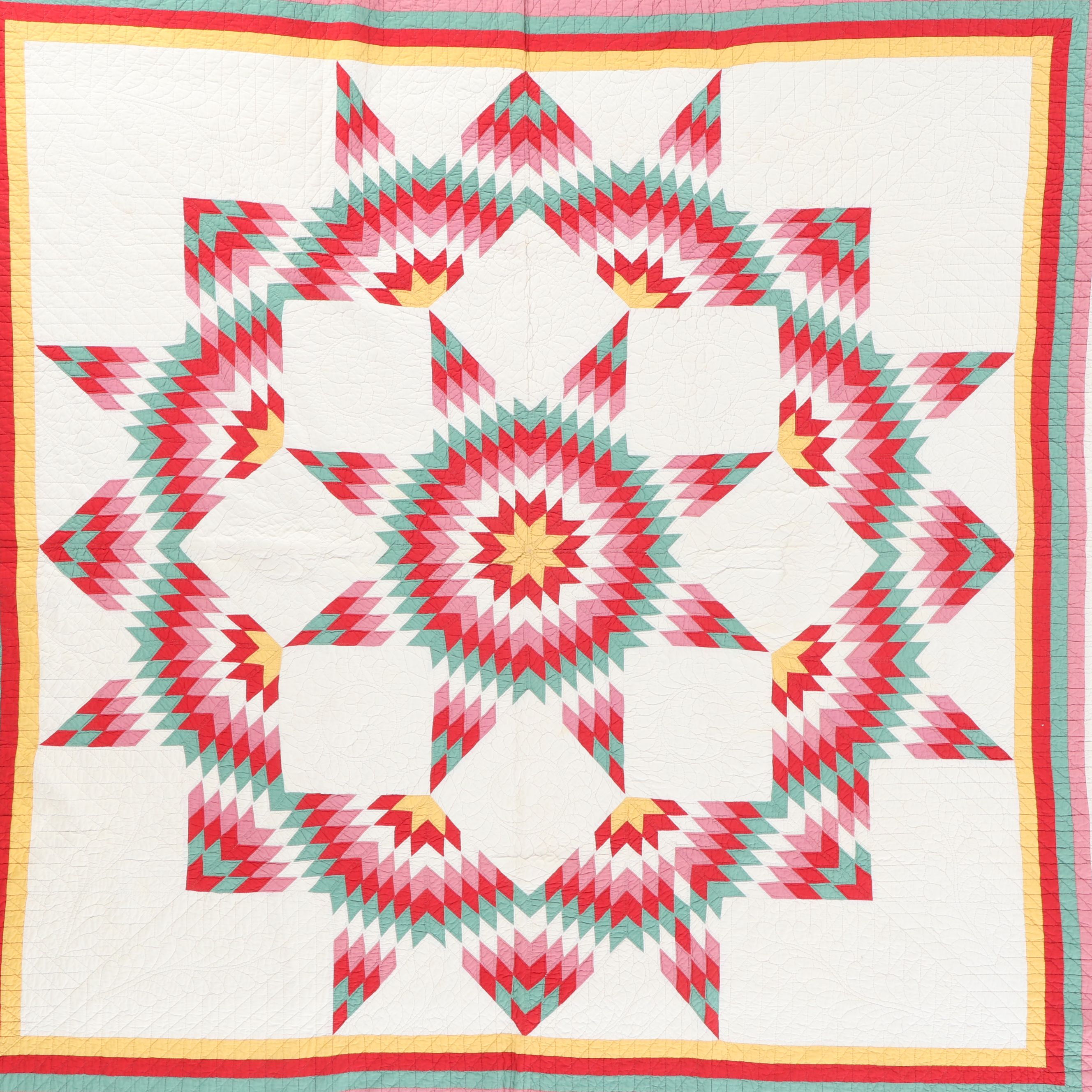 Hand-Pieced "Broken Lone Star" Multicolor Cotton Quilt, 20th Century