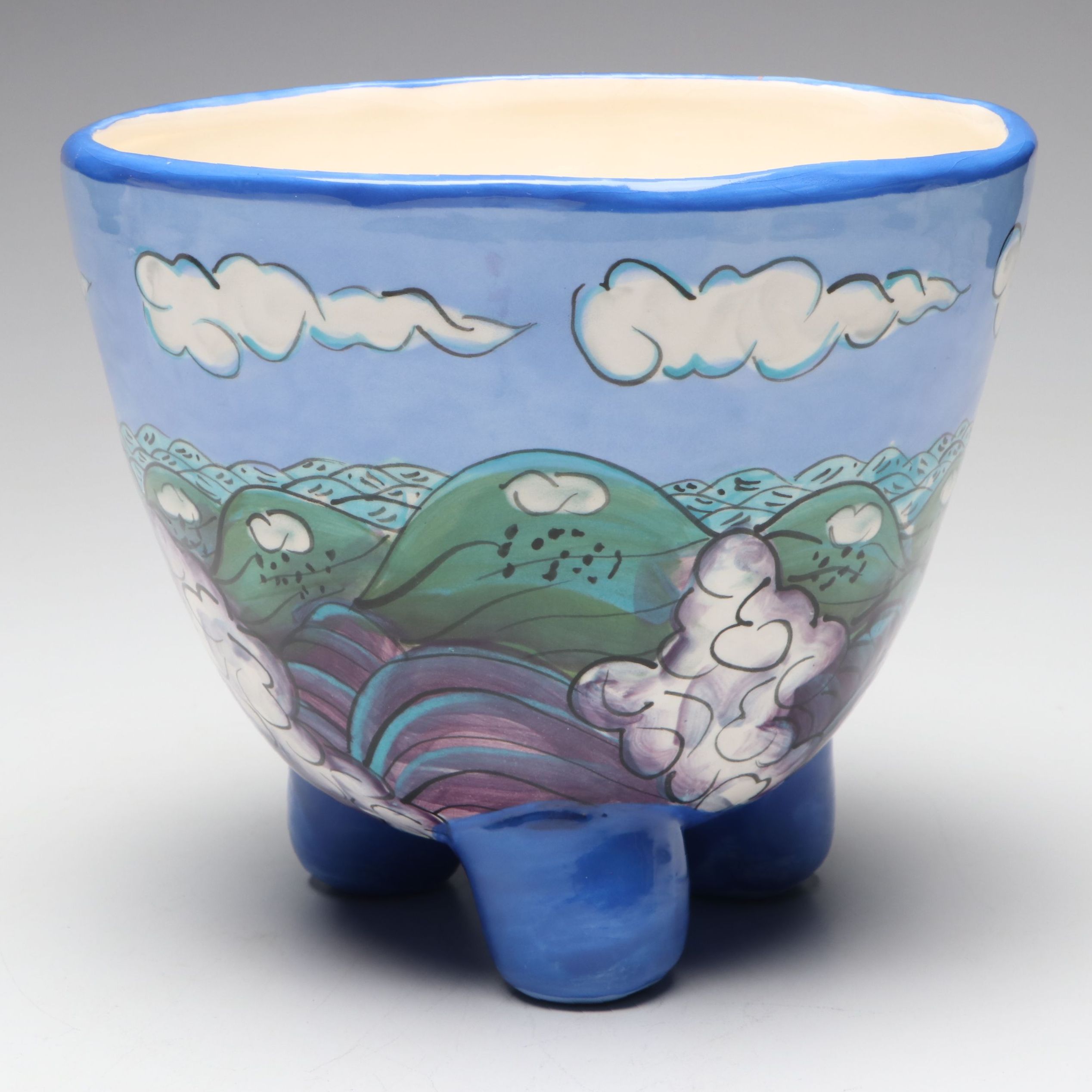 Artisan Crafted Landscape Scene Ceramic Footed Bowl Signed "Victor"