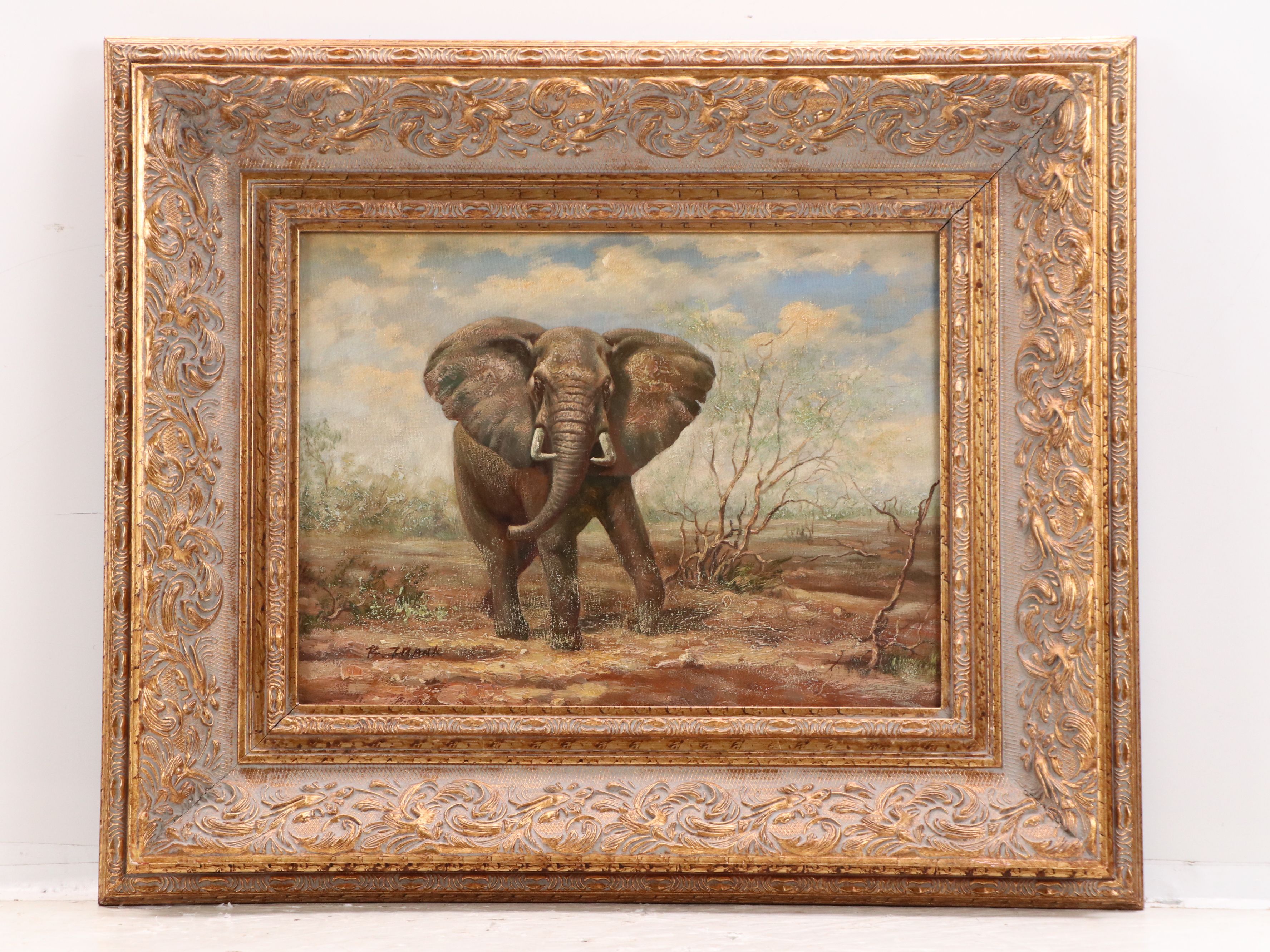 Wildlife Oil Portraits of Elephant and Zebras, Late 20th Century