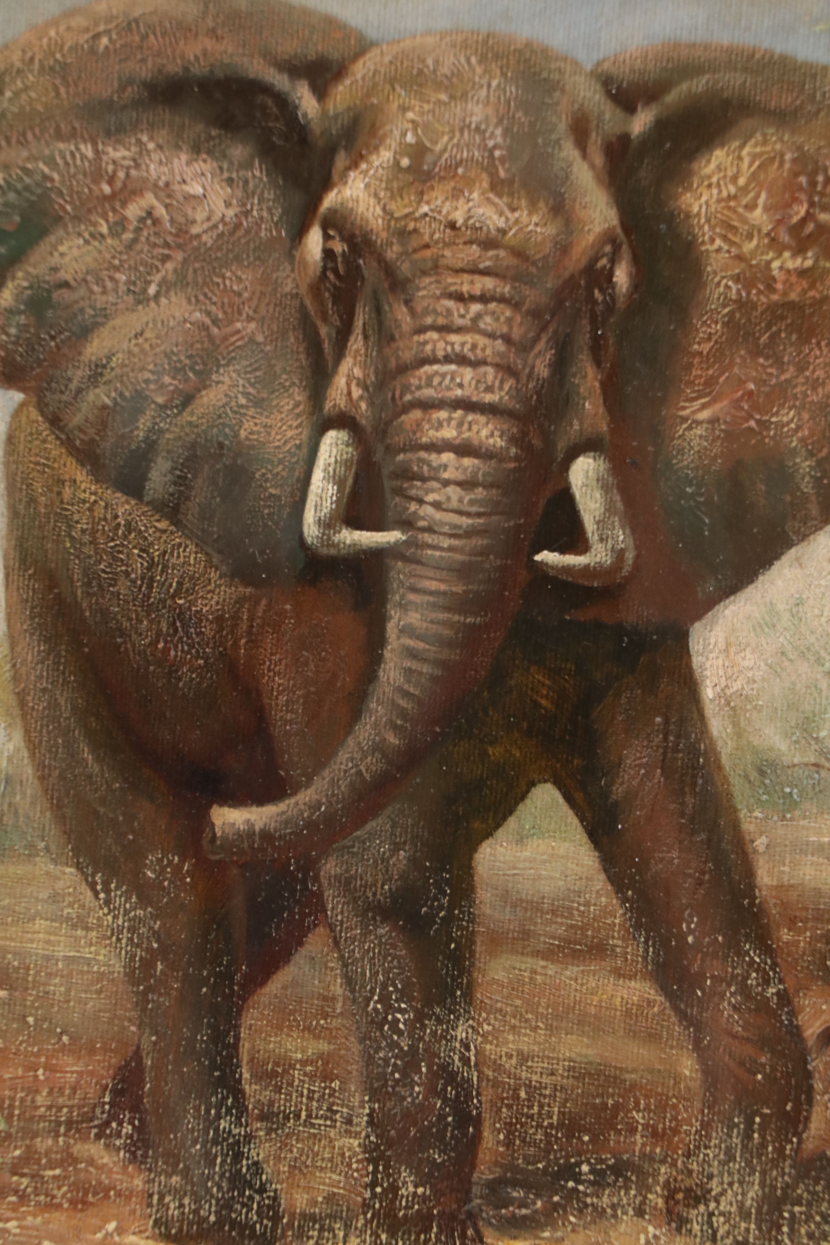 Wildlife Oil Portraits of Elephant and Zebras, Late 20th Century