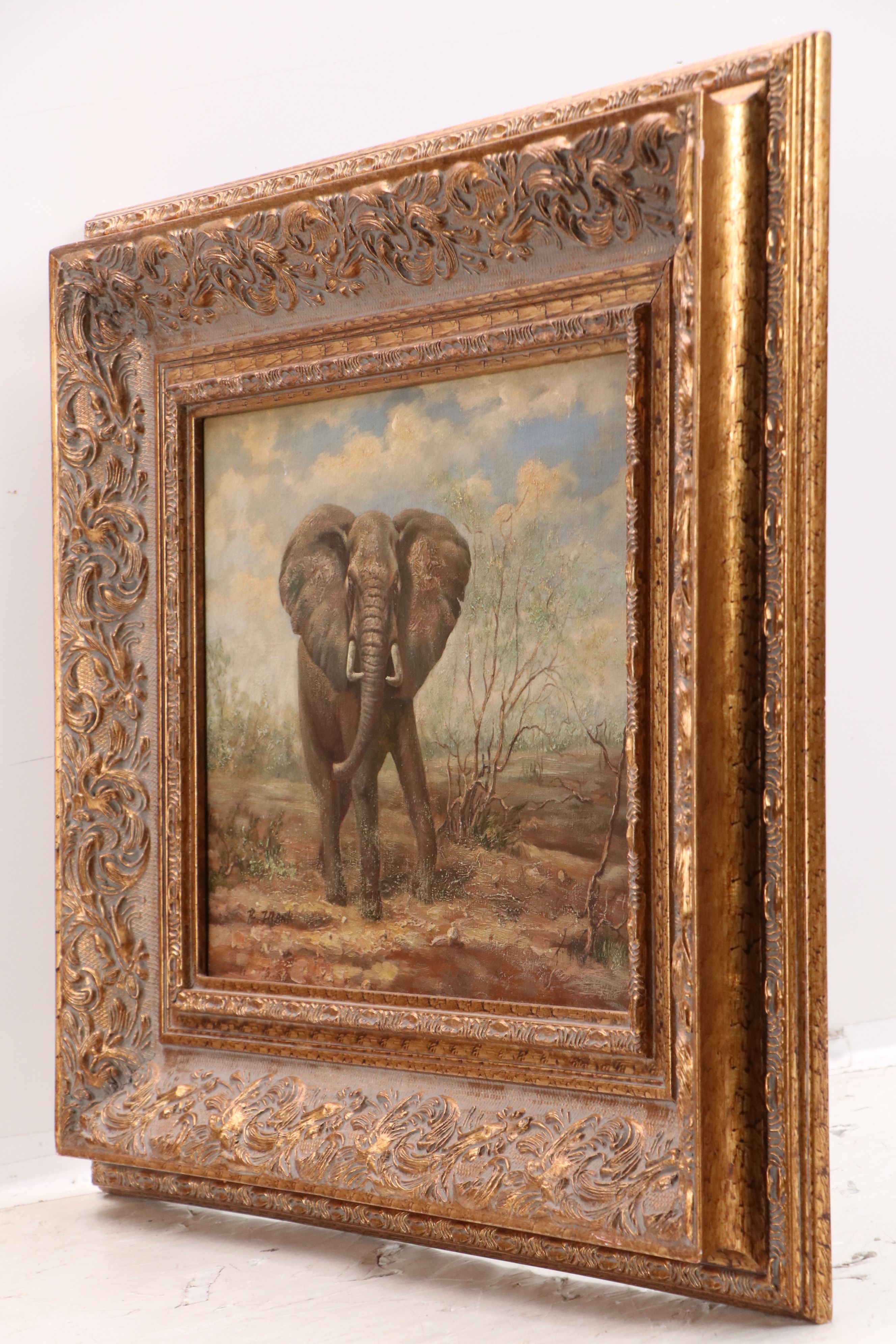 Wildlife Oil Portraits of Elephant and Zebras, Late 20th Century