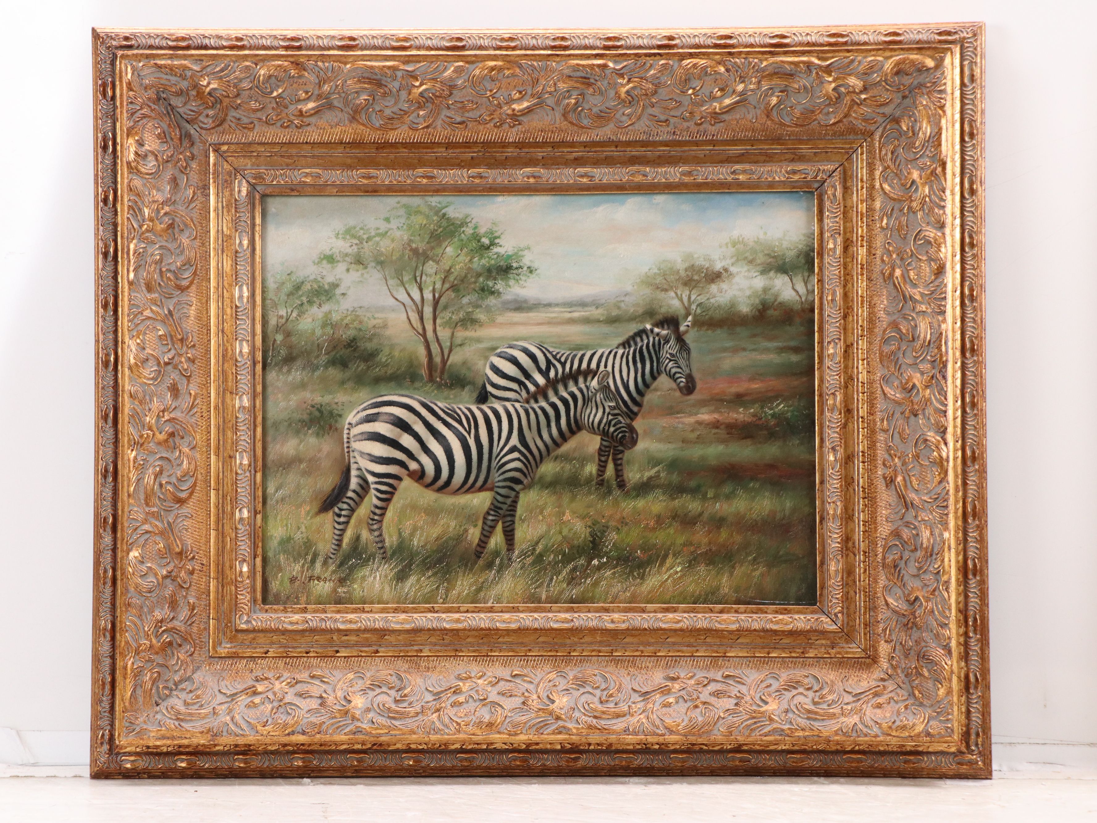 Wildlife Oil Portraits of Elephant and Zebras, Late 20th Century