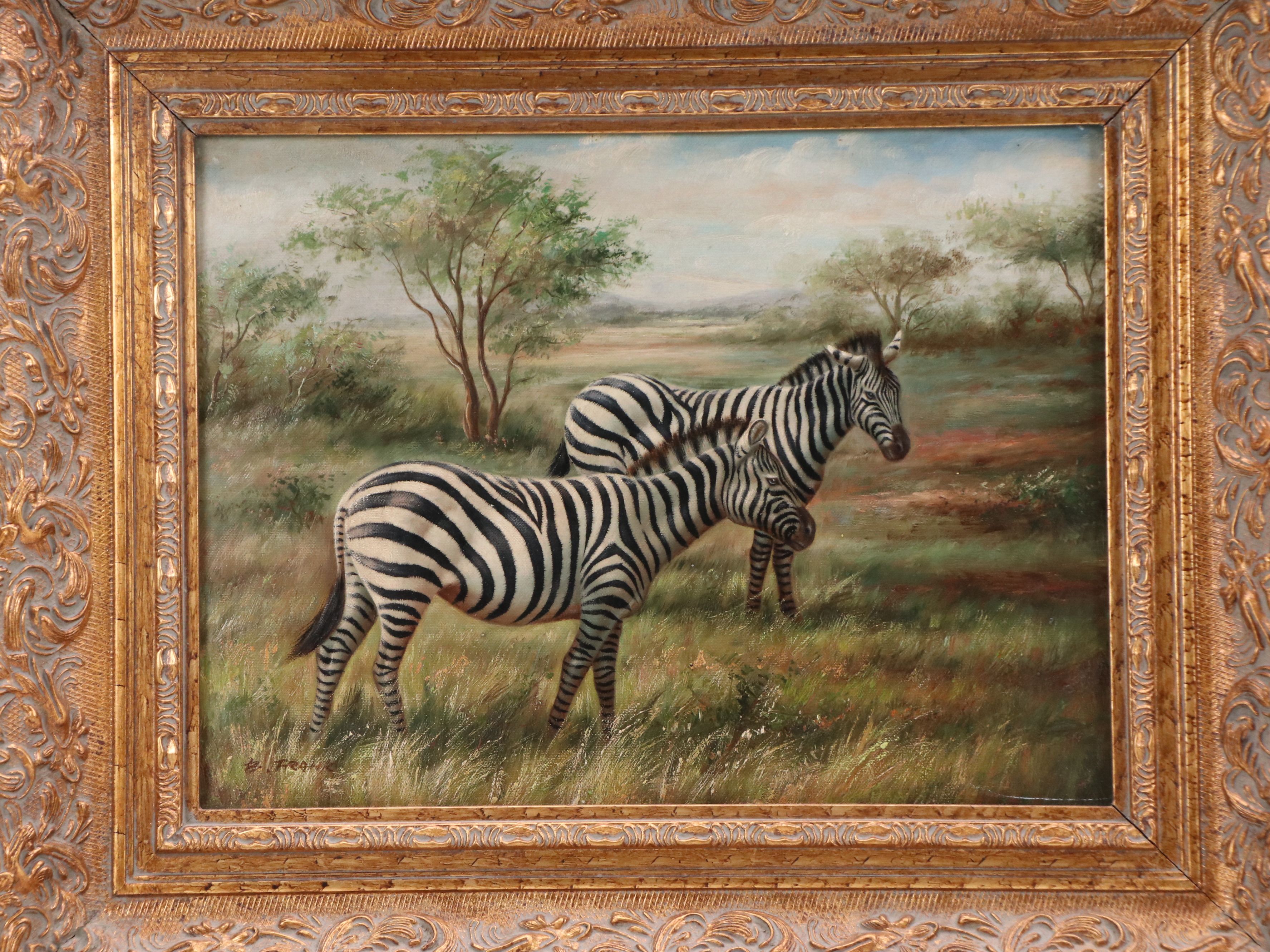 Wildlife Oil Portraits of Elephant and Zebras, Late 20th Century