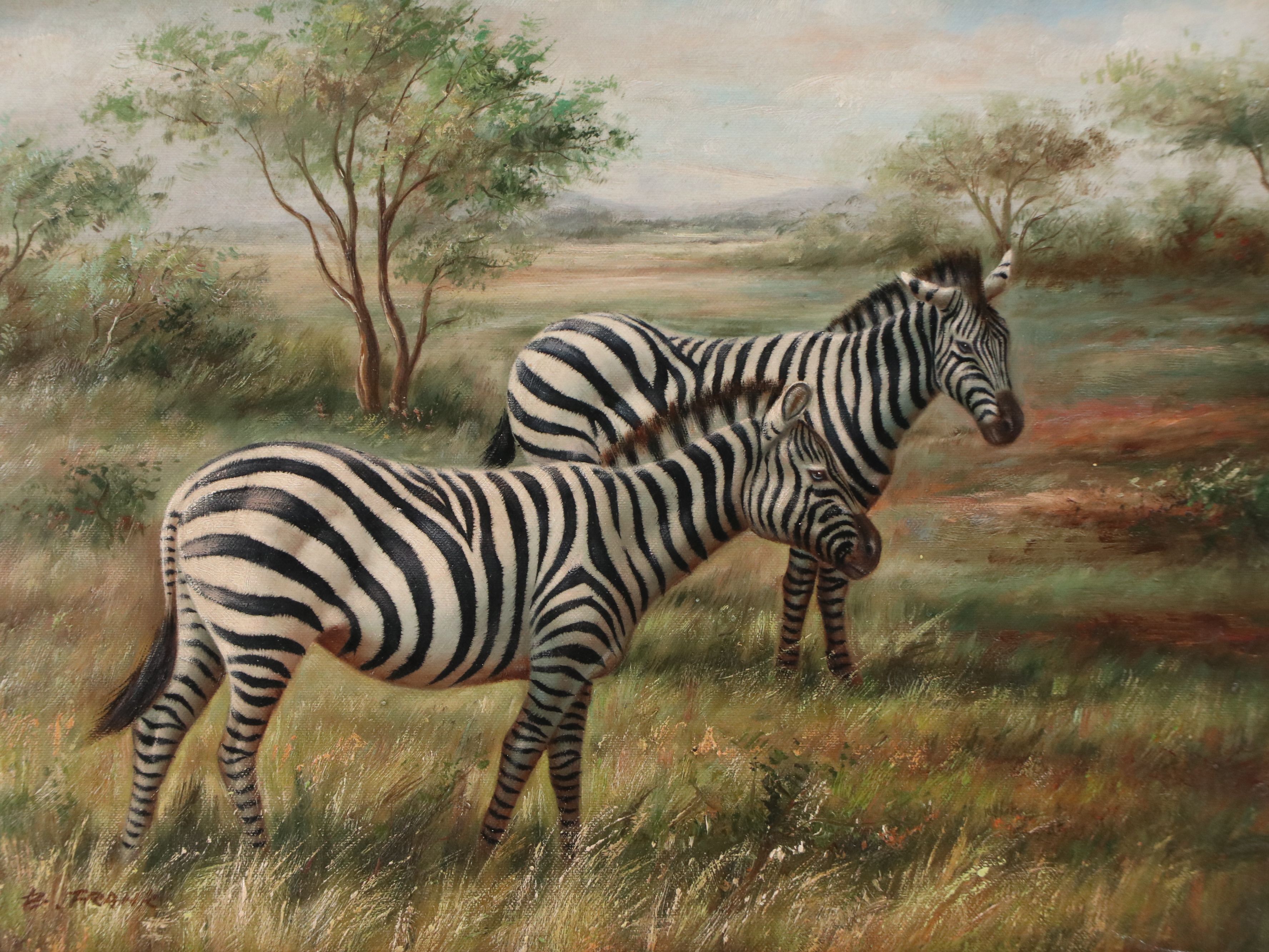 Wildlife Oil Portraits of Elephant and Zebras, Late 20th Century