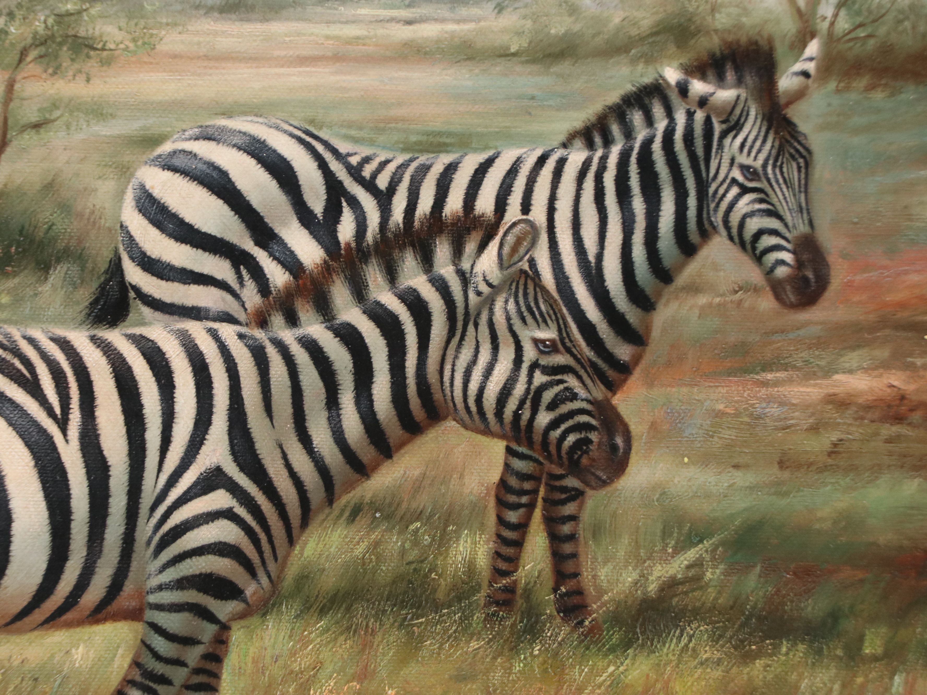 Wildlife Oil Portraits of Elephant and Zebras, Late 20th Century
