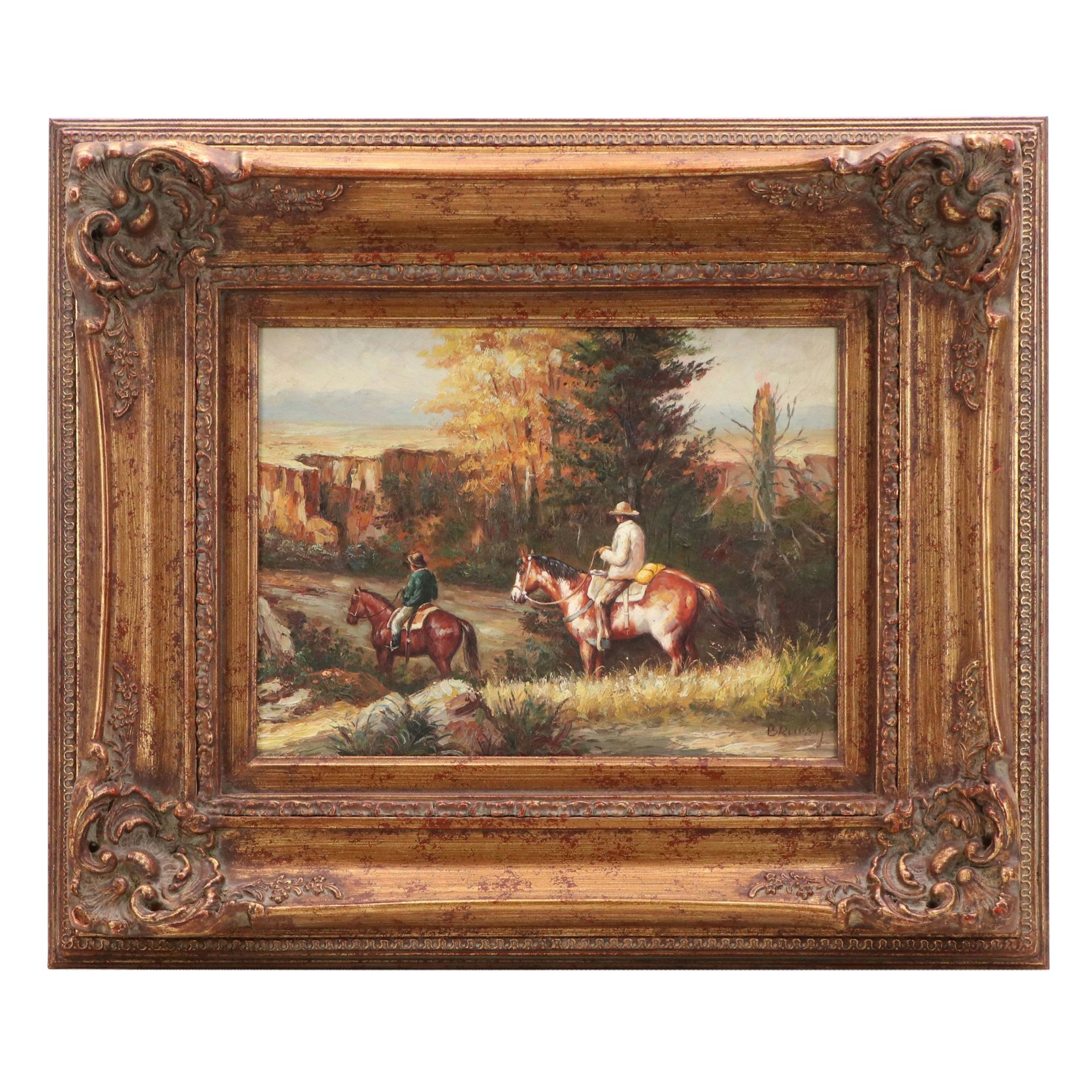 Oil Painting of Southwestern Landscape with Riders, Late 20th Century