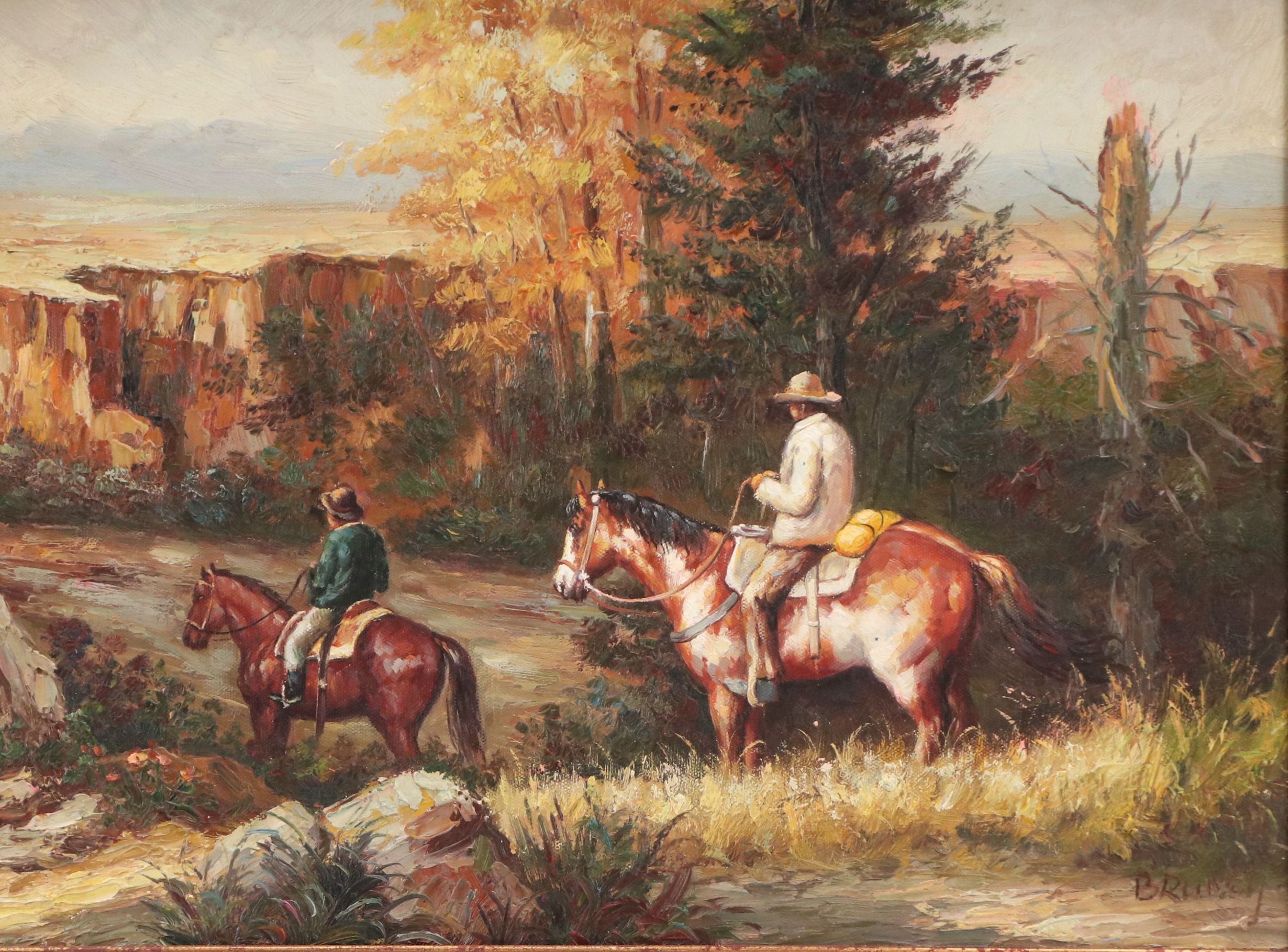 Oil Painting of Southwestern Landscape with Riders, Late 20th Century