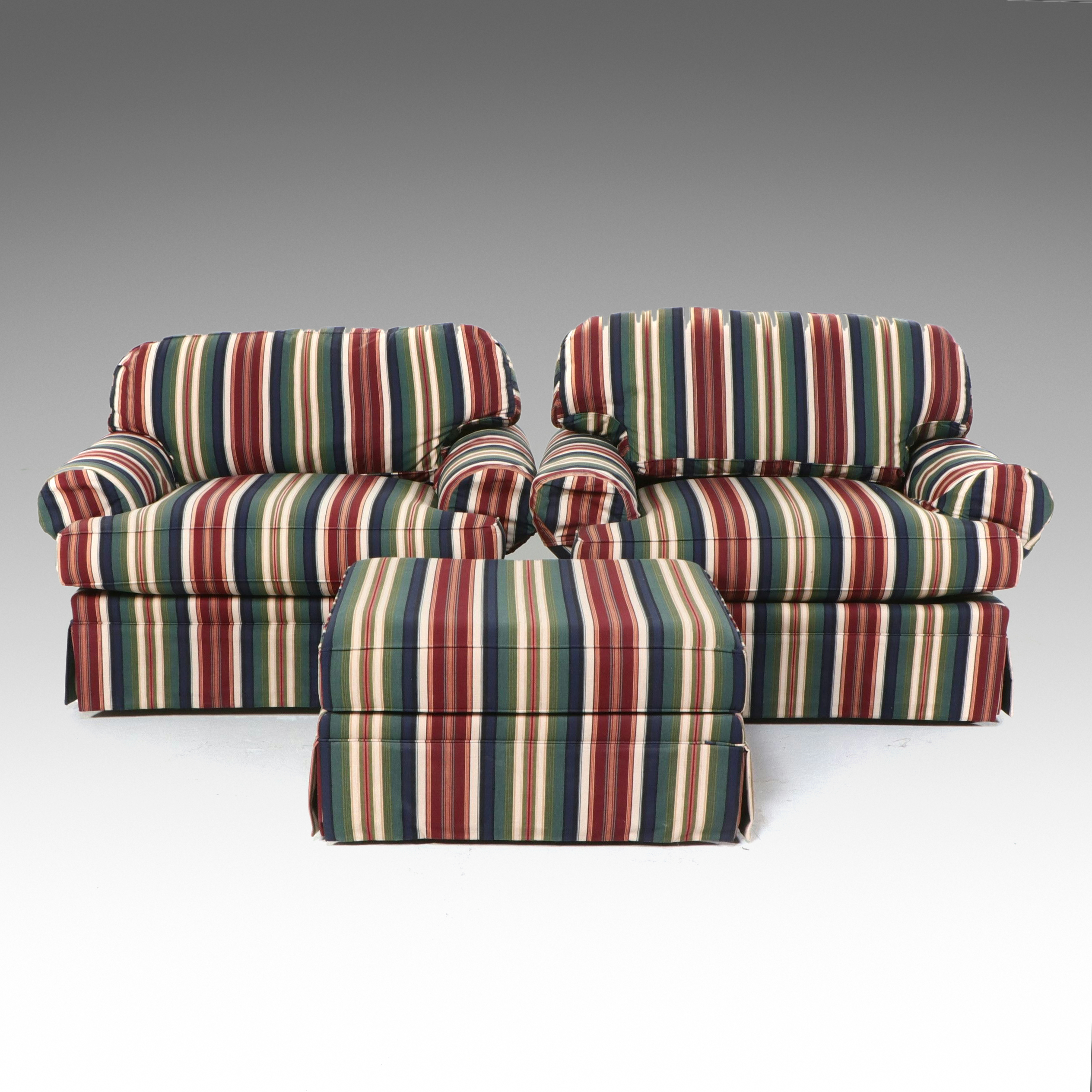 Pair of Striped Oversized Armchairs and Ottoman