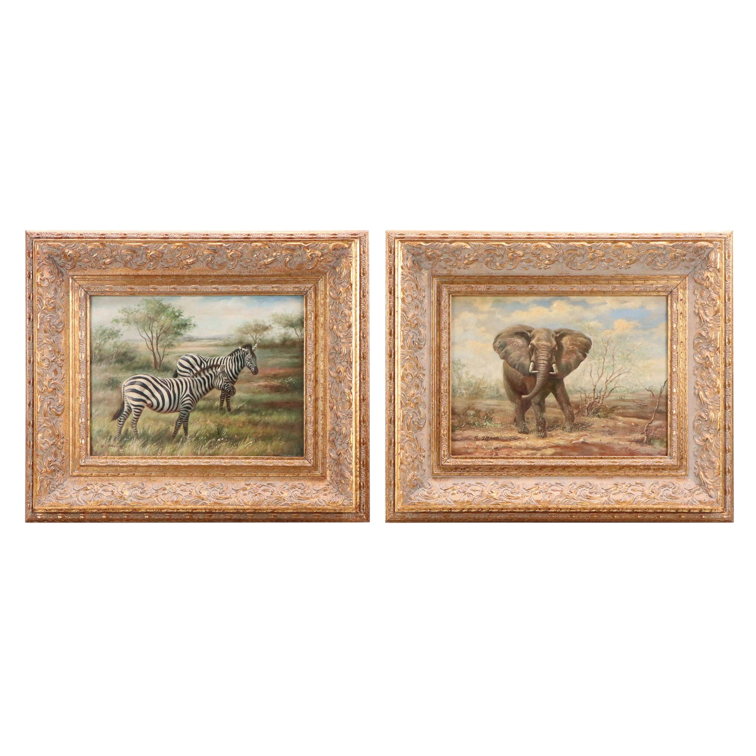 Wildlife Oil Portraits of Elephant and Zebras, Late 20th Century
