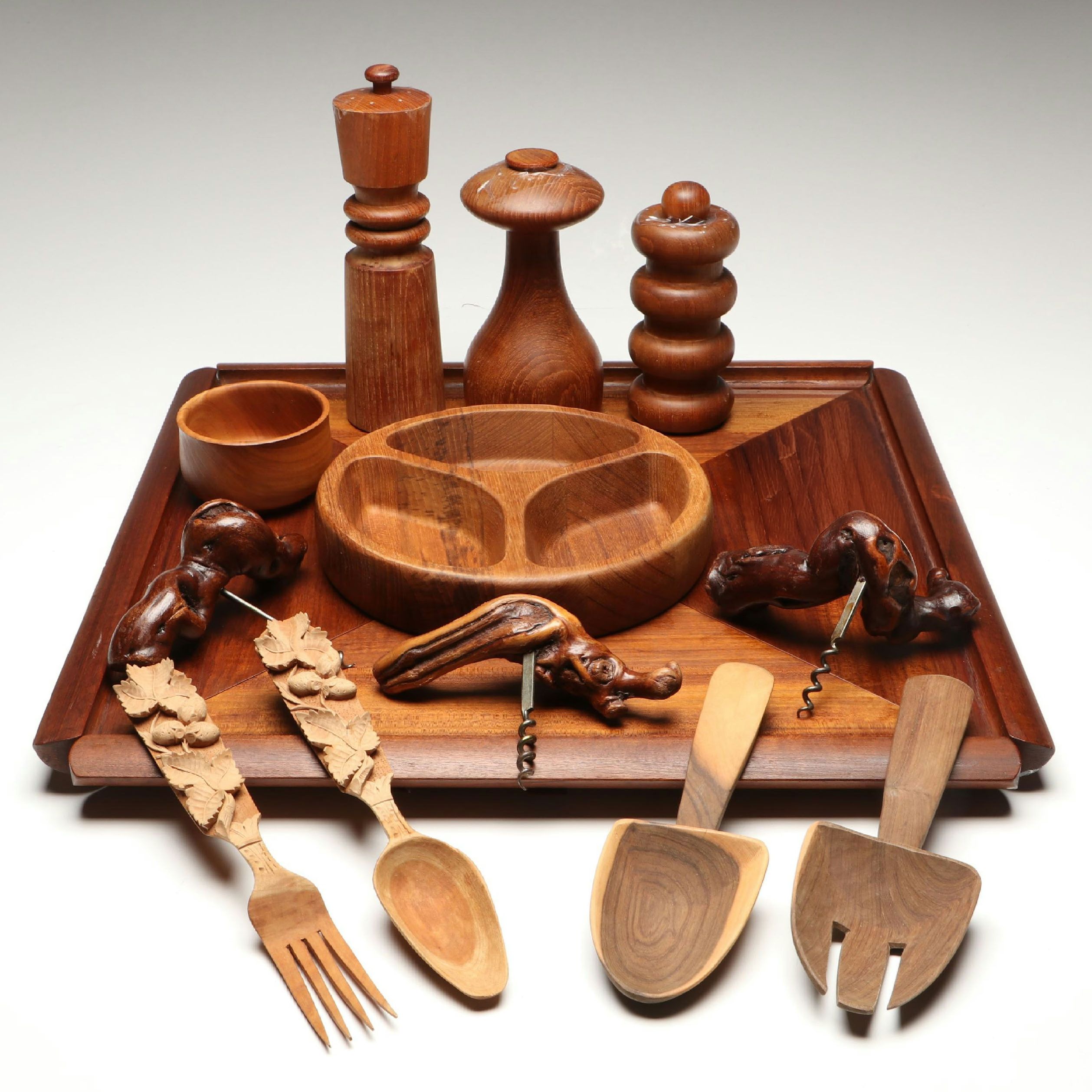 Dansk Teak Salt and Pepper Mills, Serving Trays and Other Wood Kitchenware