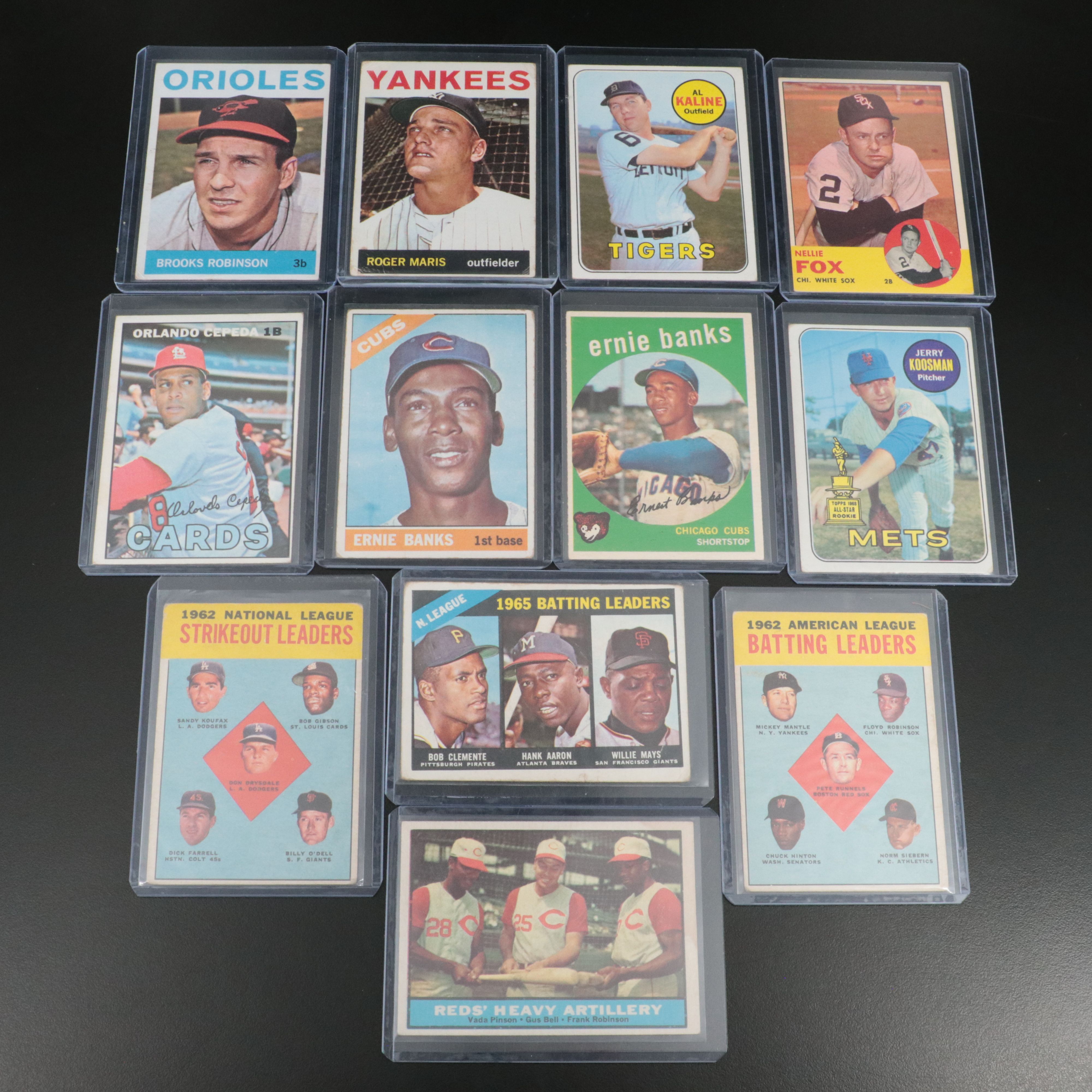 Twelve Topps Baseball Cards of HOF and Star Players, 1959 to 1969