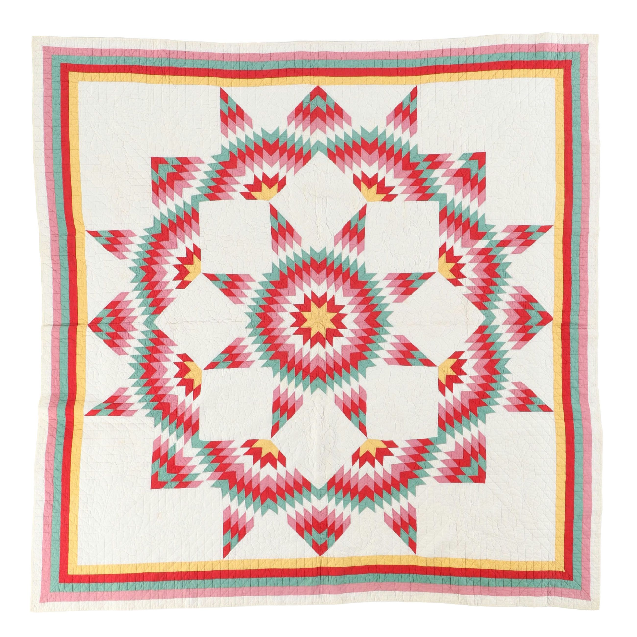 Hand-Pieced "Broken Lone Star" Multicolor Cotton Quilt, 20th Century