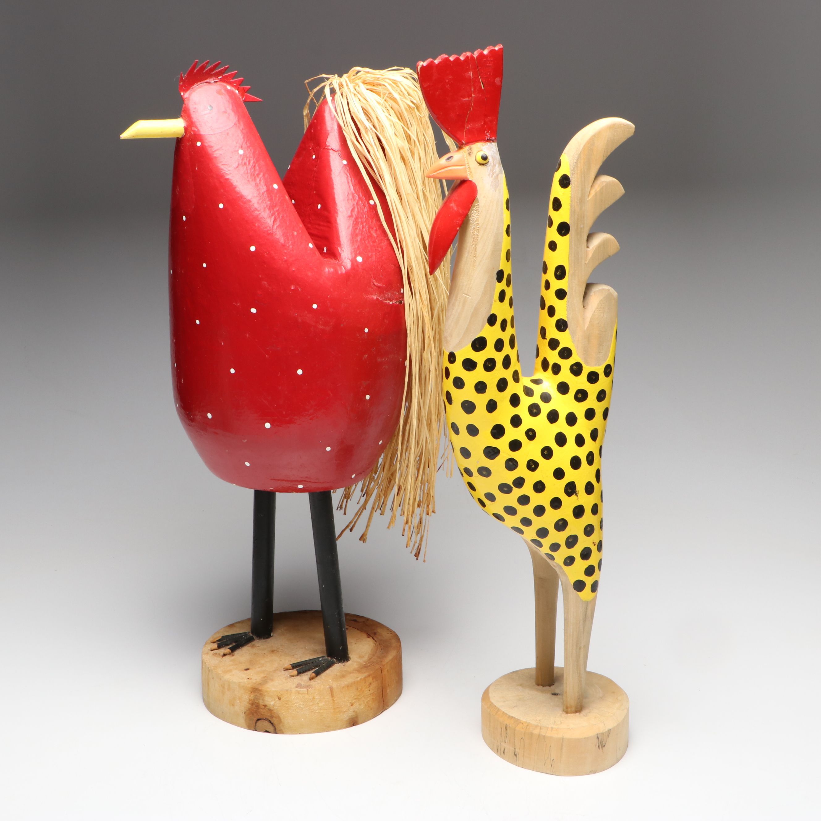 Edith John and Lonnie and Twyla Money Folk Art Handcrafted Wood Roosters