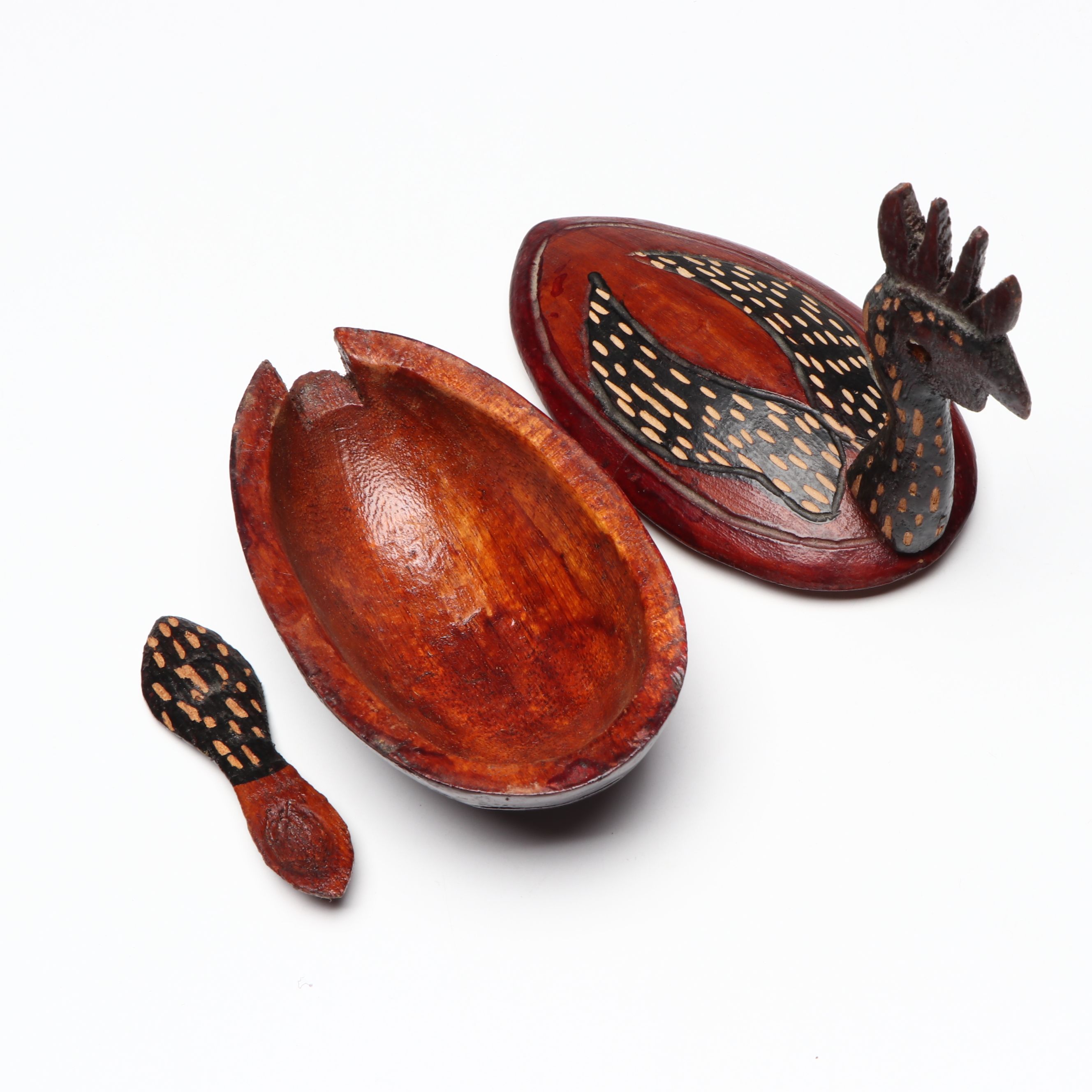 Folk Art Figural Hand-Carved Wood Rooster Lidded Bowl and Spoon Sets