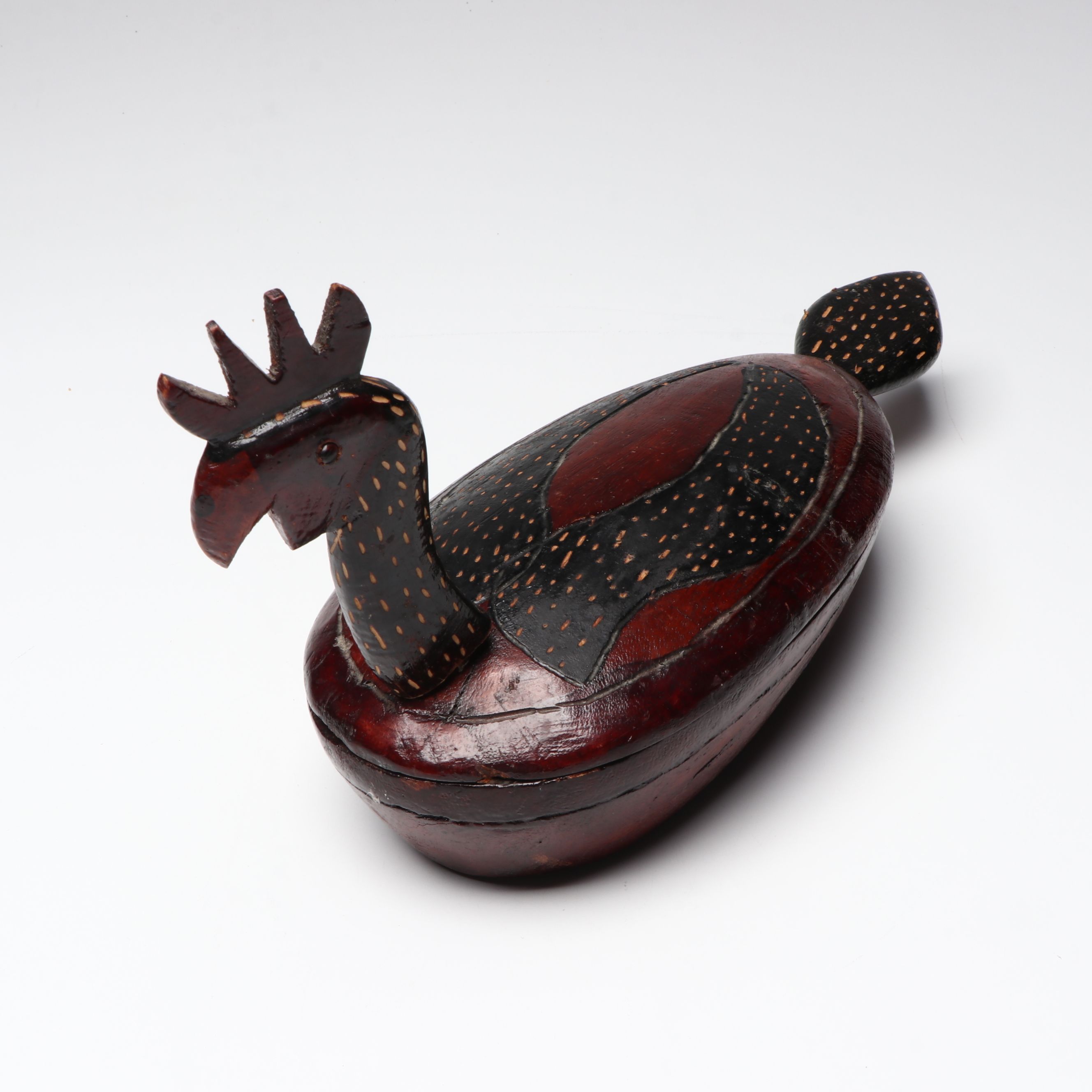 Folk Art Figural Hand-Carved Wood Rooster Lidded Bowl and Spoon Sets