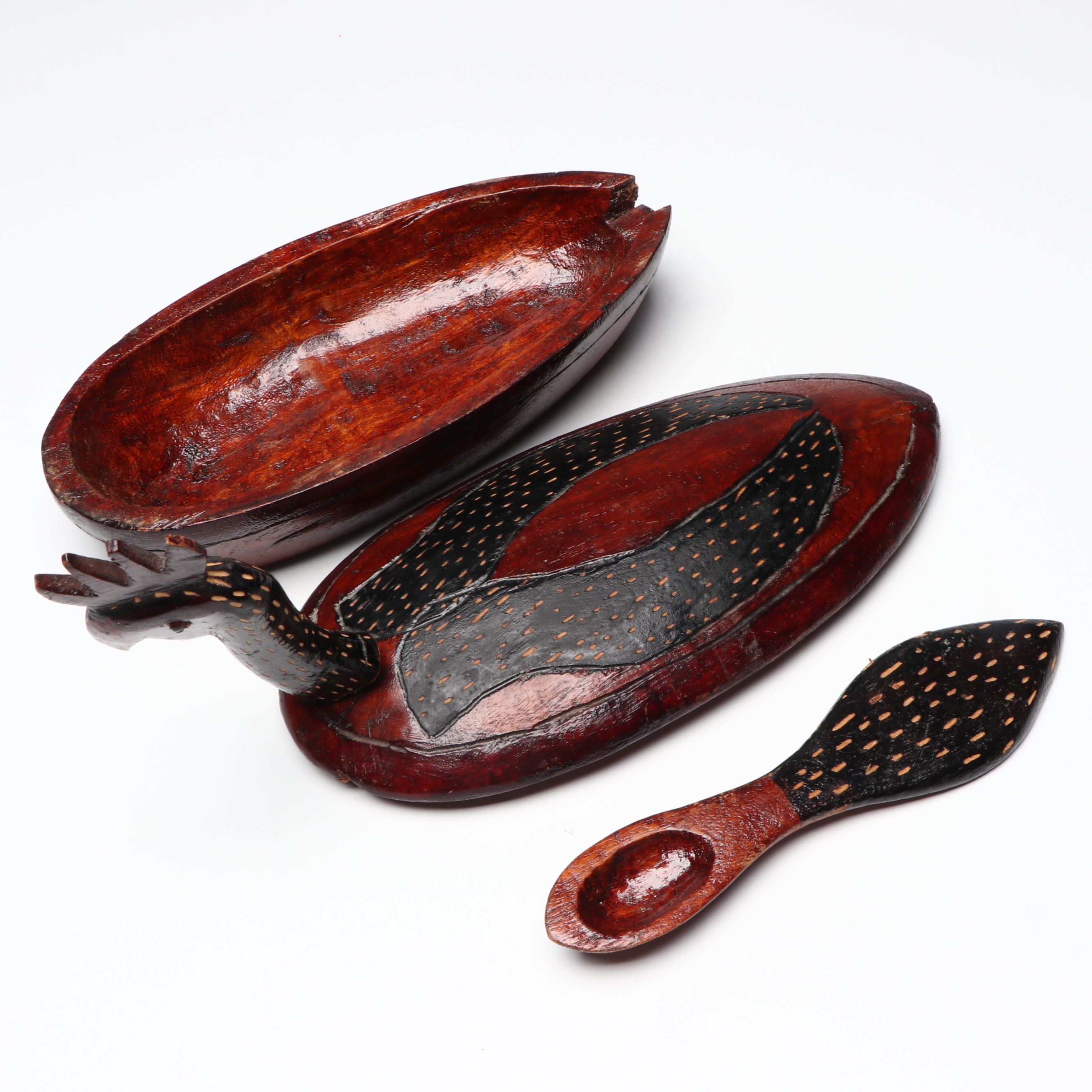 Folk Art Figural Hand-Carved Wood Rooster Lidded Bowl and Spoon Sets