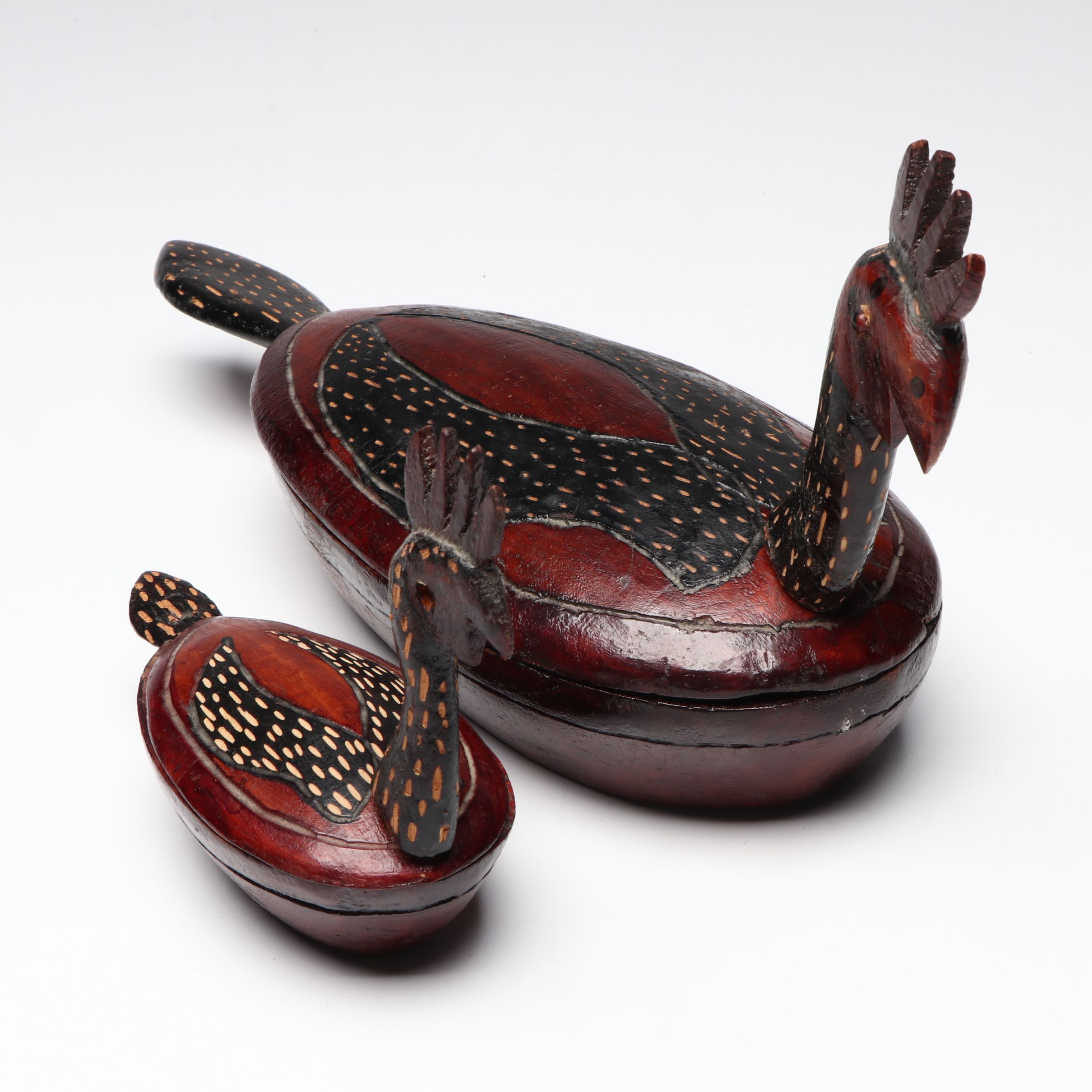 Folk Art Figural Hand-Carved Wood Rooster Lidded Bowl and Spoon Sets