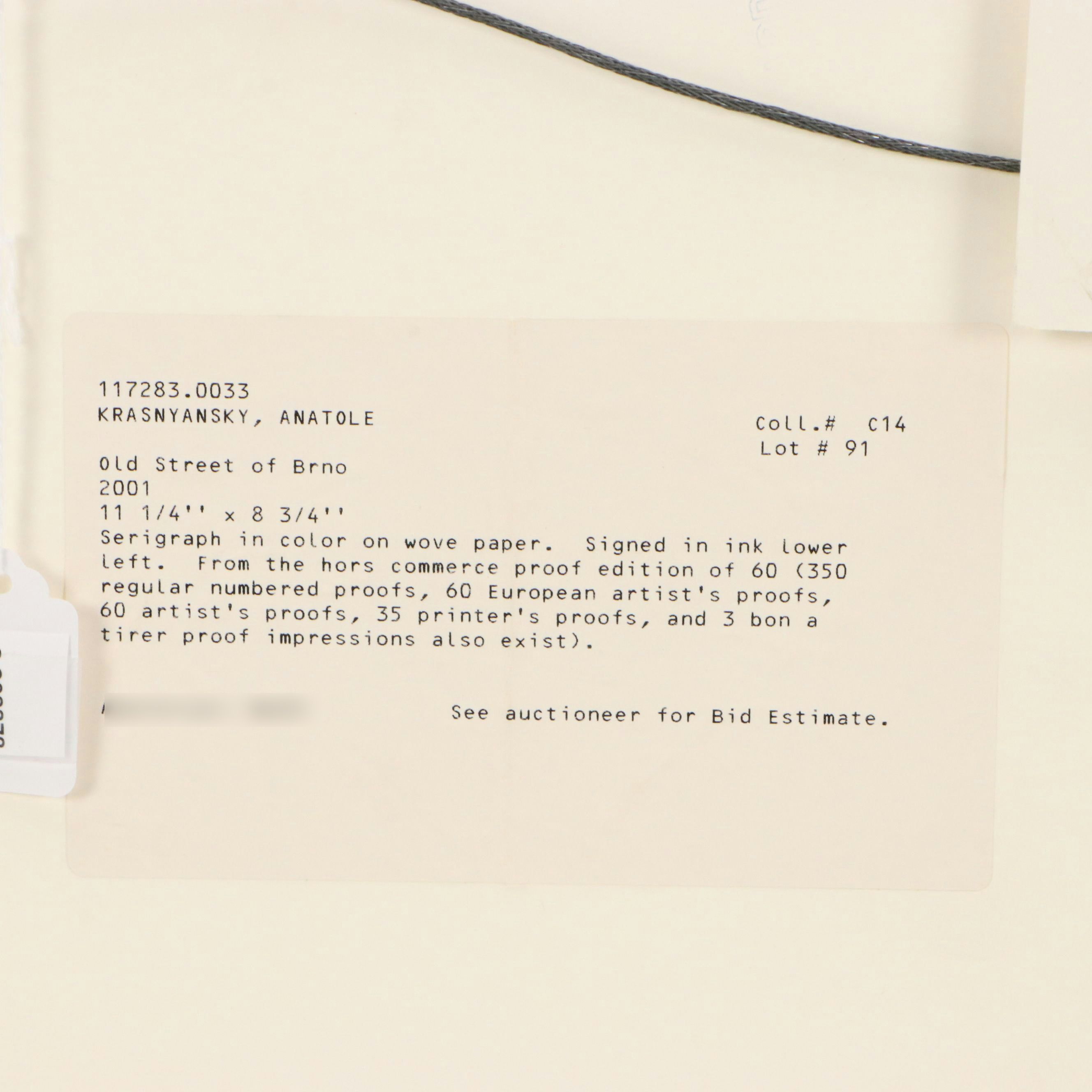 Anatole Krasnyansky Serigraph "Old Street of Brno," 2001