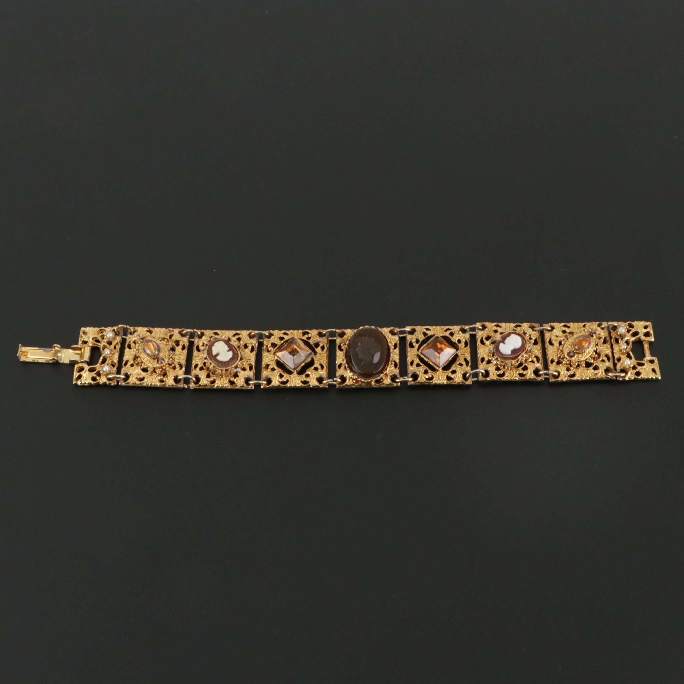 Etruscan Revival Glass Cameo Imitation Pearl Panel Bracelet