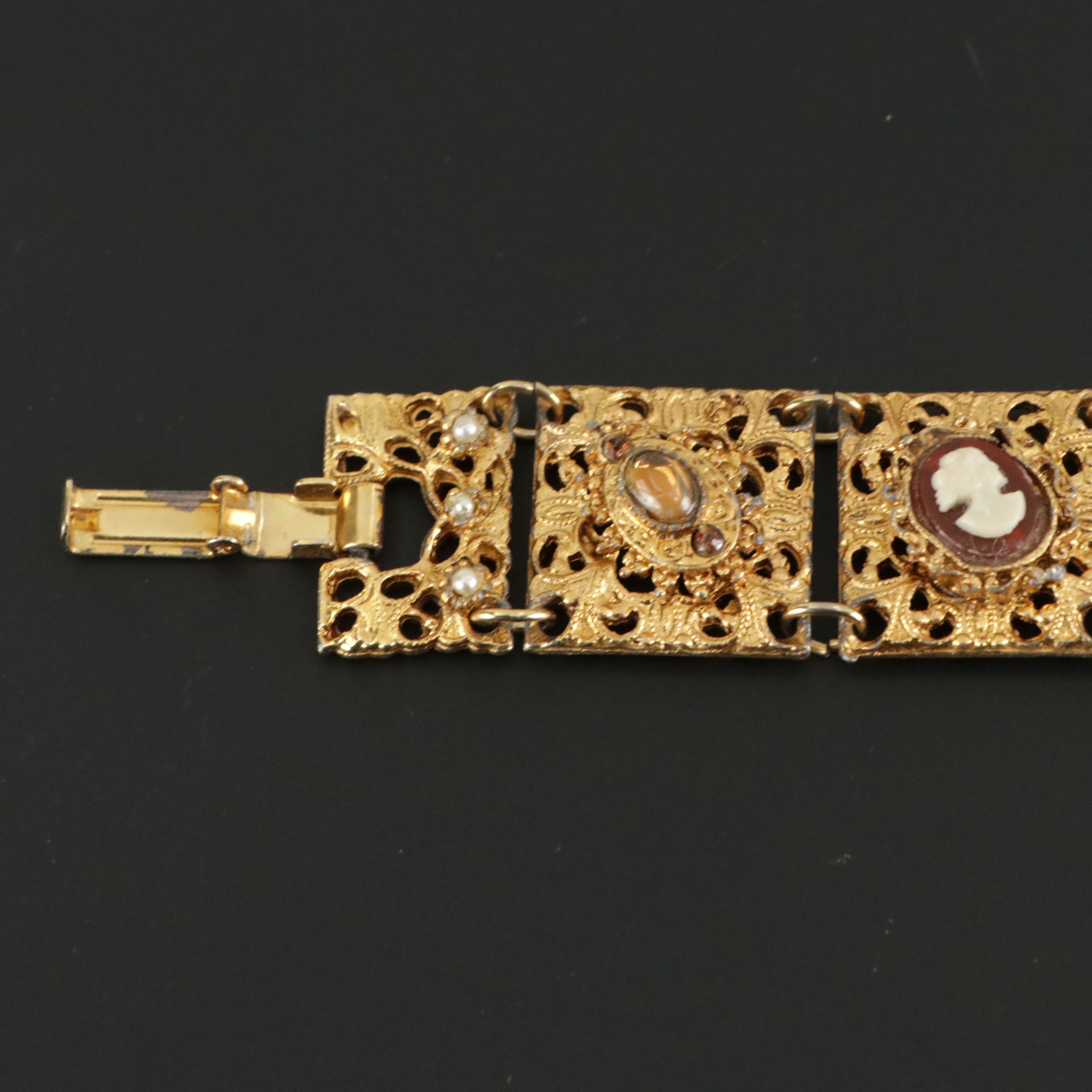 Etruscan Revival Glass Cameo Imitation Pearl Panel Bracelet