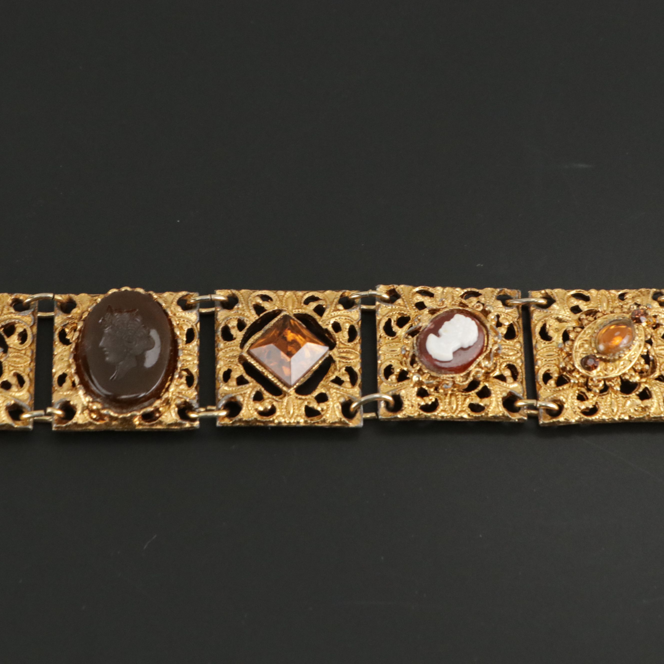 Etruscan Revival Glass Cameo Imitation Pearl Panel Bracelet