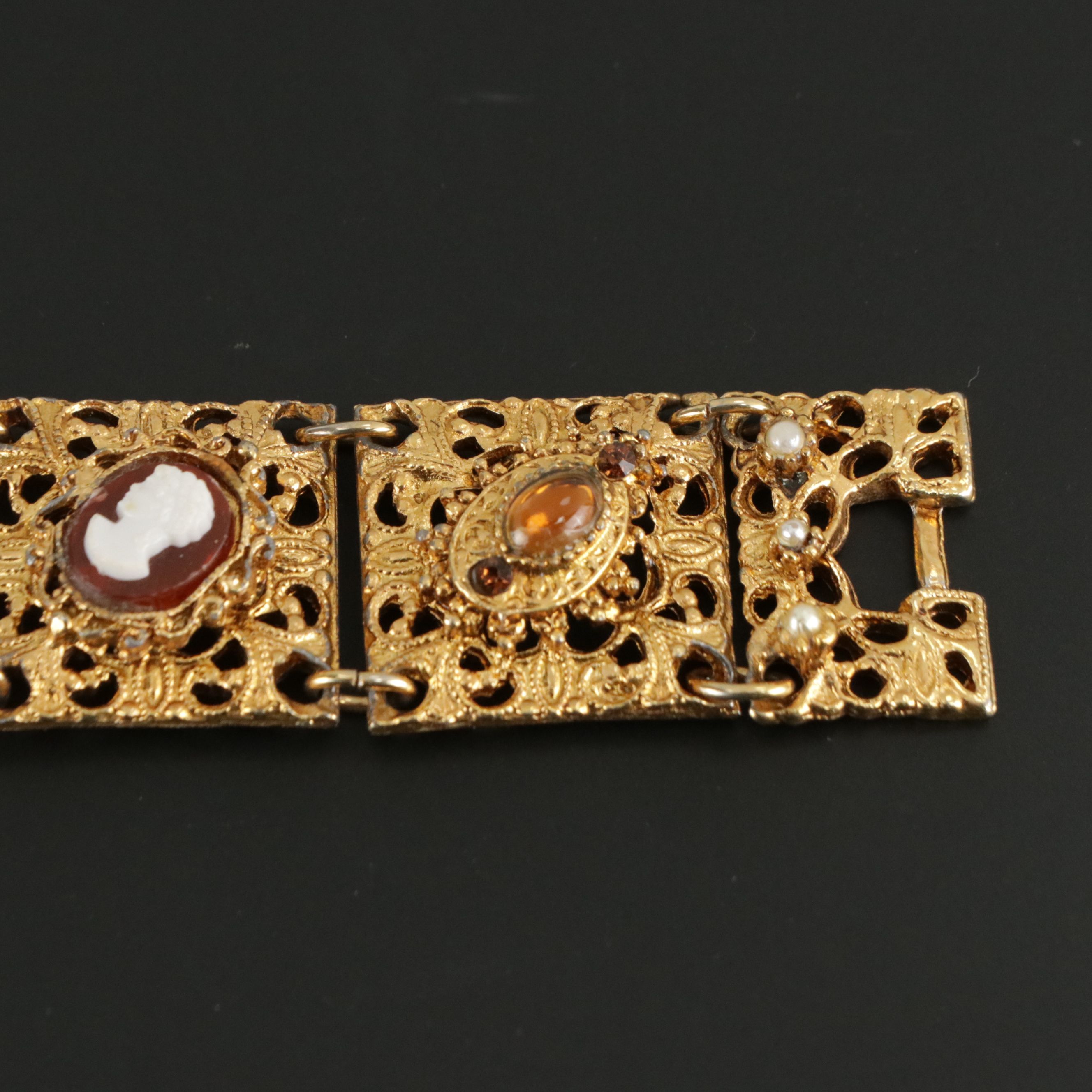 Etruscan Revival Glass Cameo Imitation Pearl Panel Bracelet