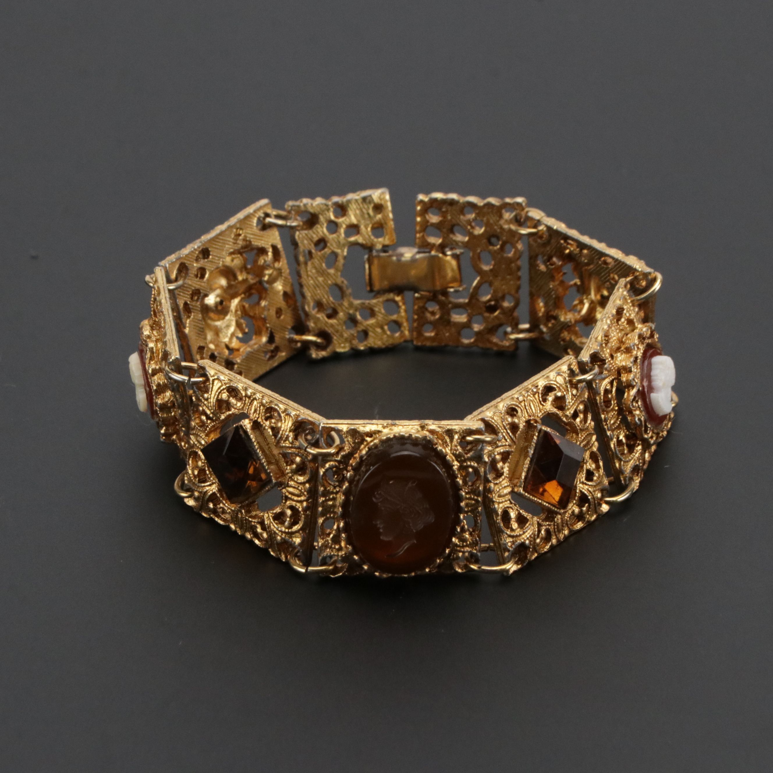 Etruscan Revival Glass Cameo Imitation Pearl Panel Bracelet