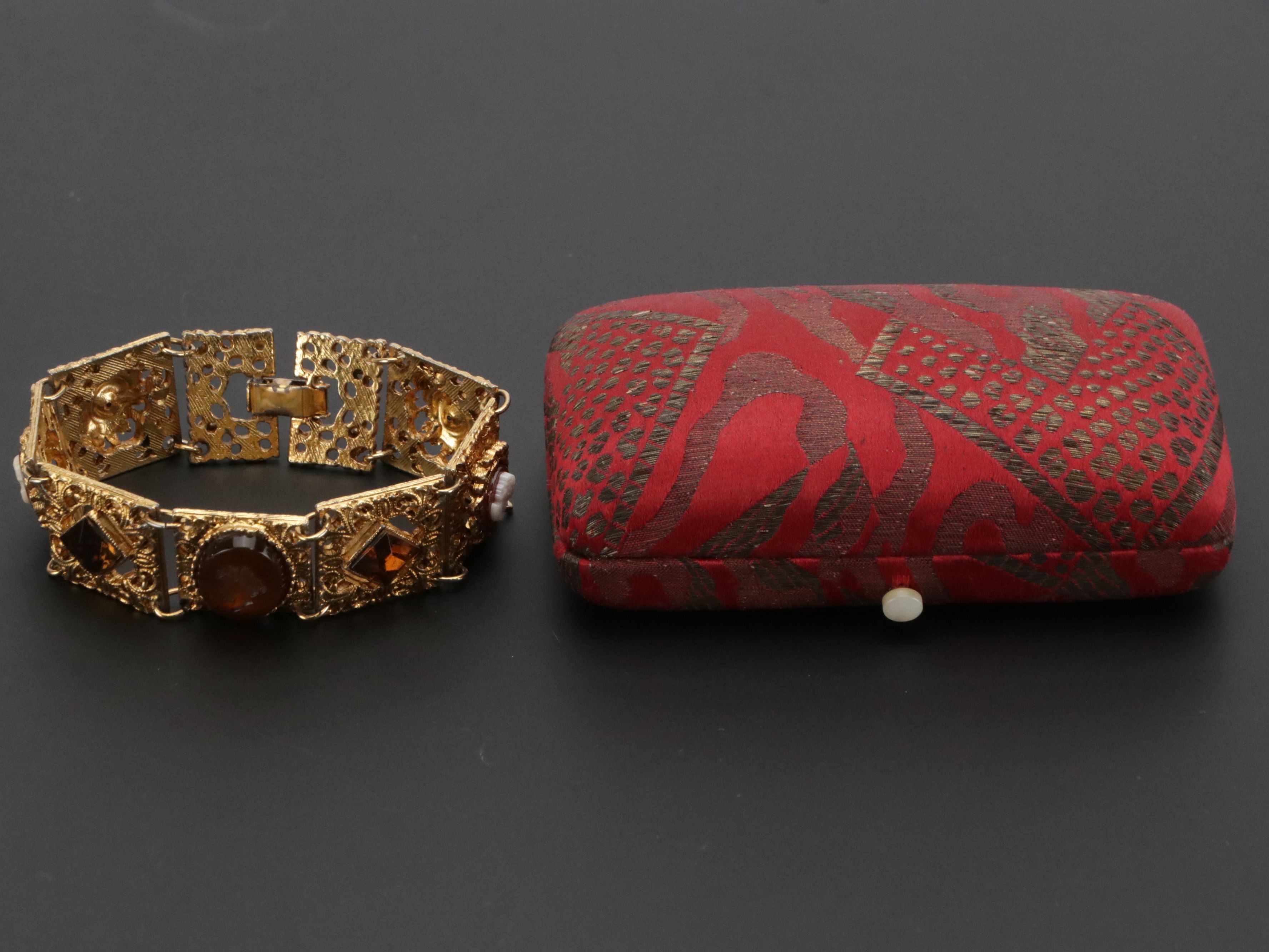 Etruscan Revival Glass Cameo Imitation Pearl Panel Bracelet