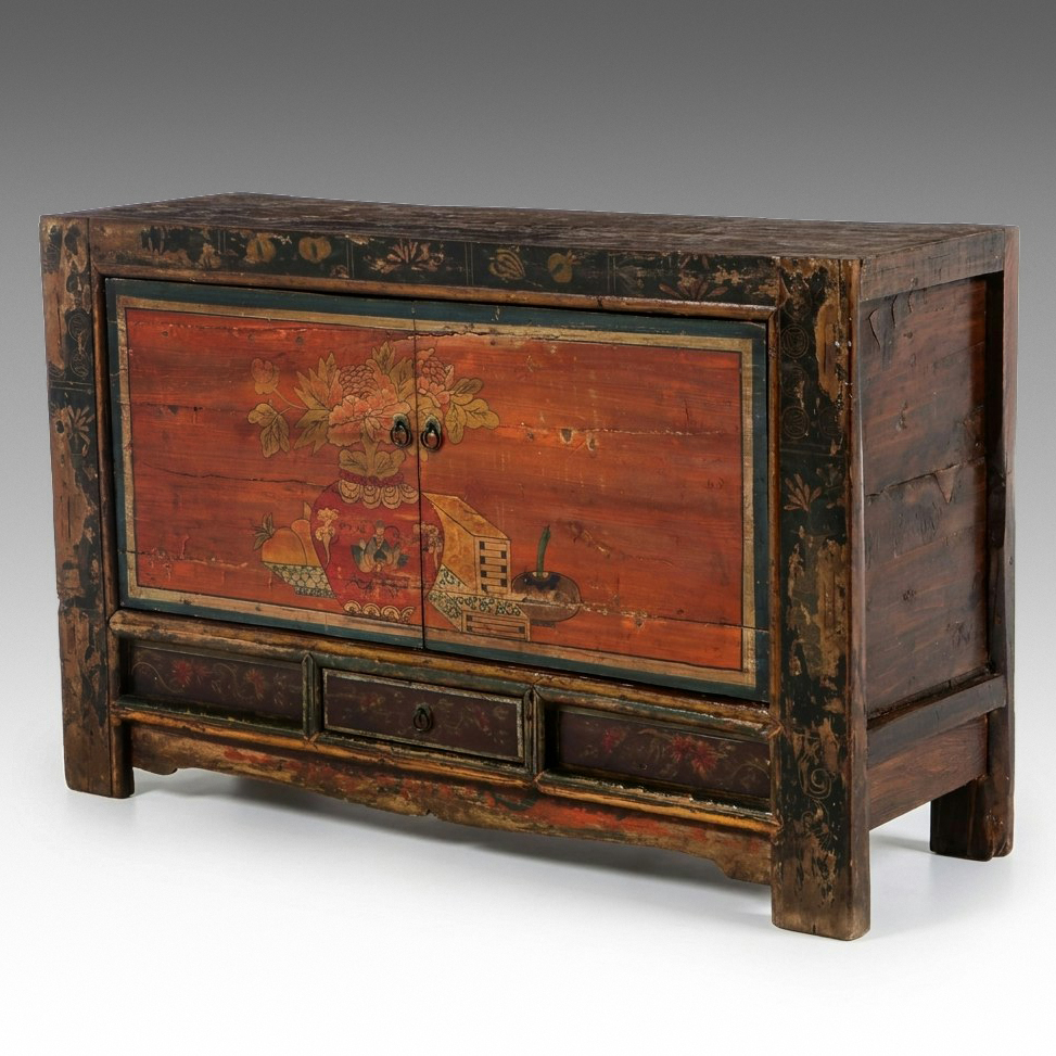 Chinese Polychrome Painted Lacquer Sideboard, 20th Century