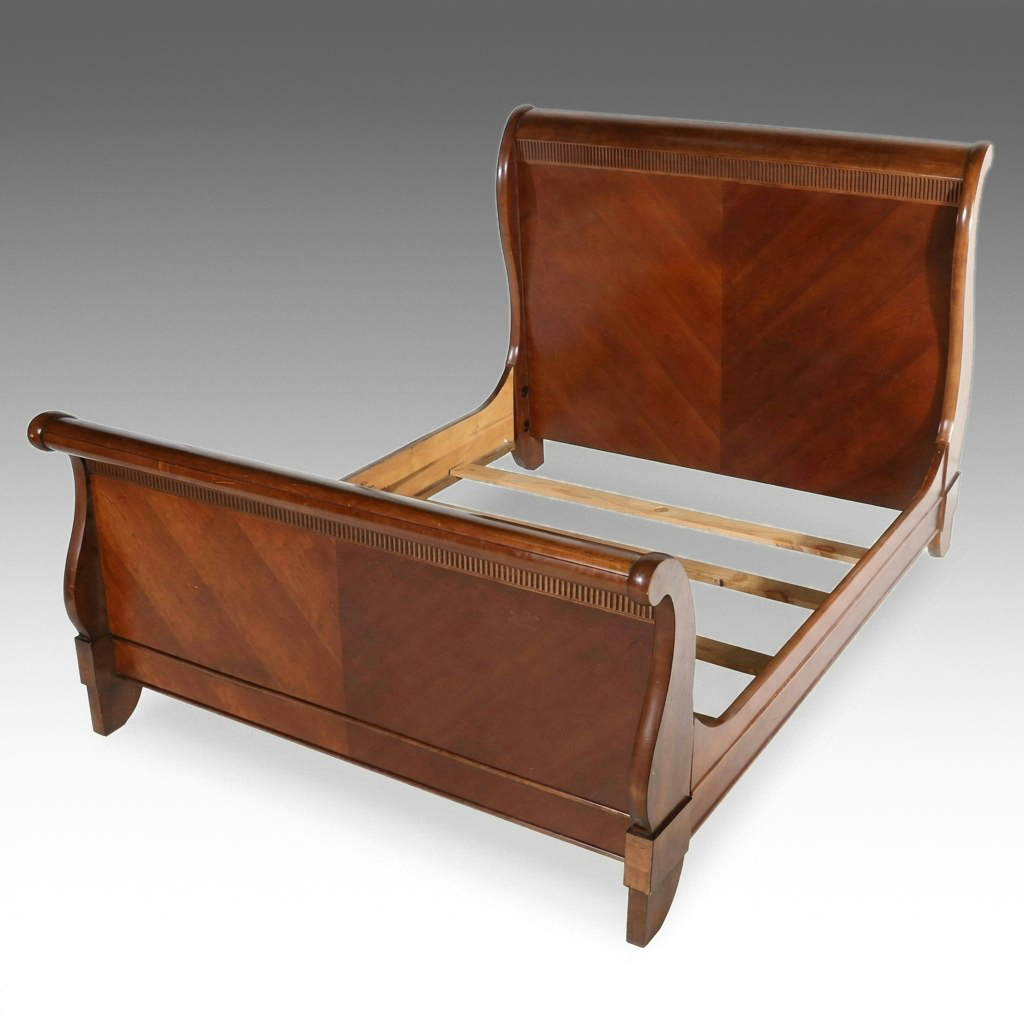 Empire Style Cherry Sleigh Bed with Chevron Veneer, 21st Century