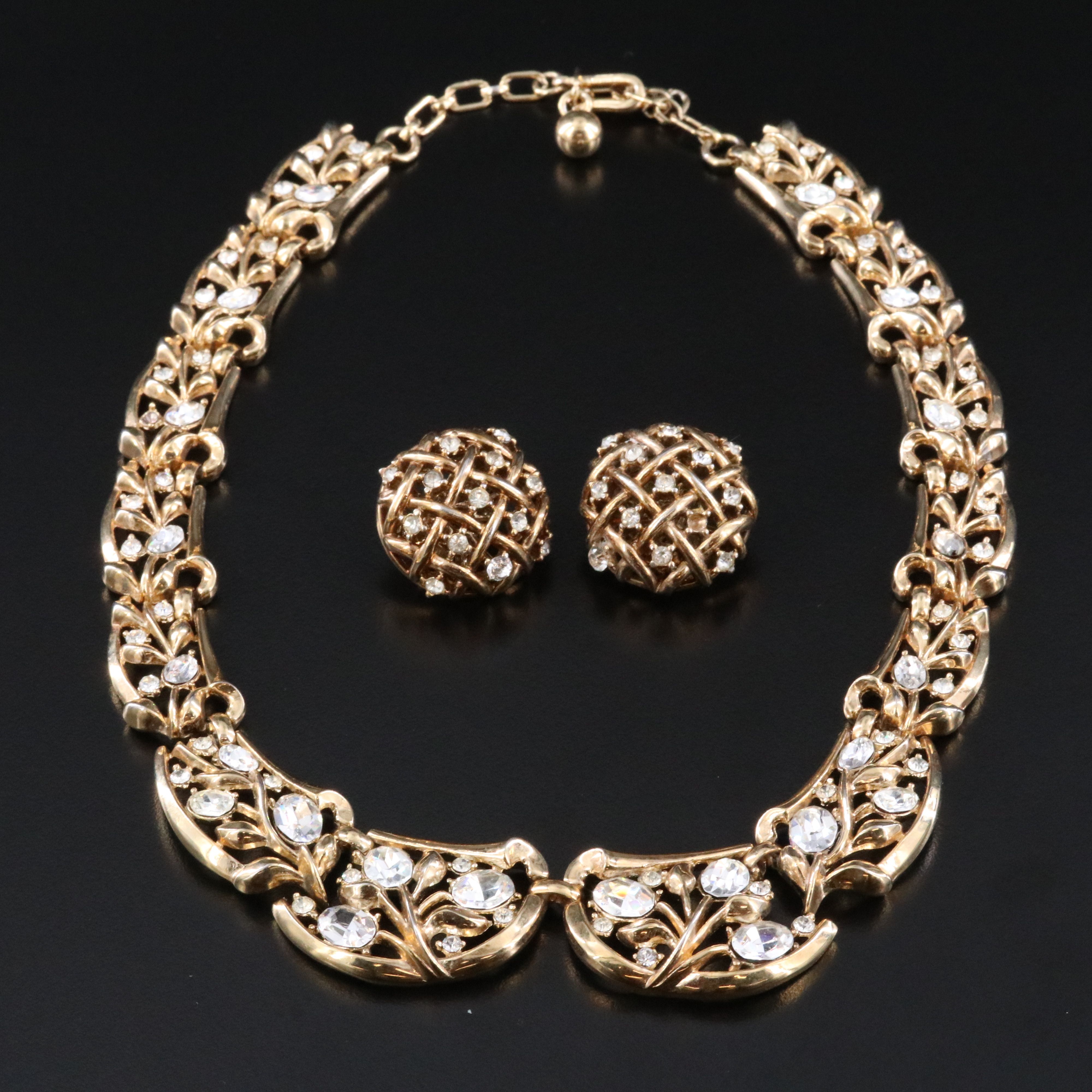 Trifari Floral Necklace with Crown Trifari Button Earrings