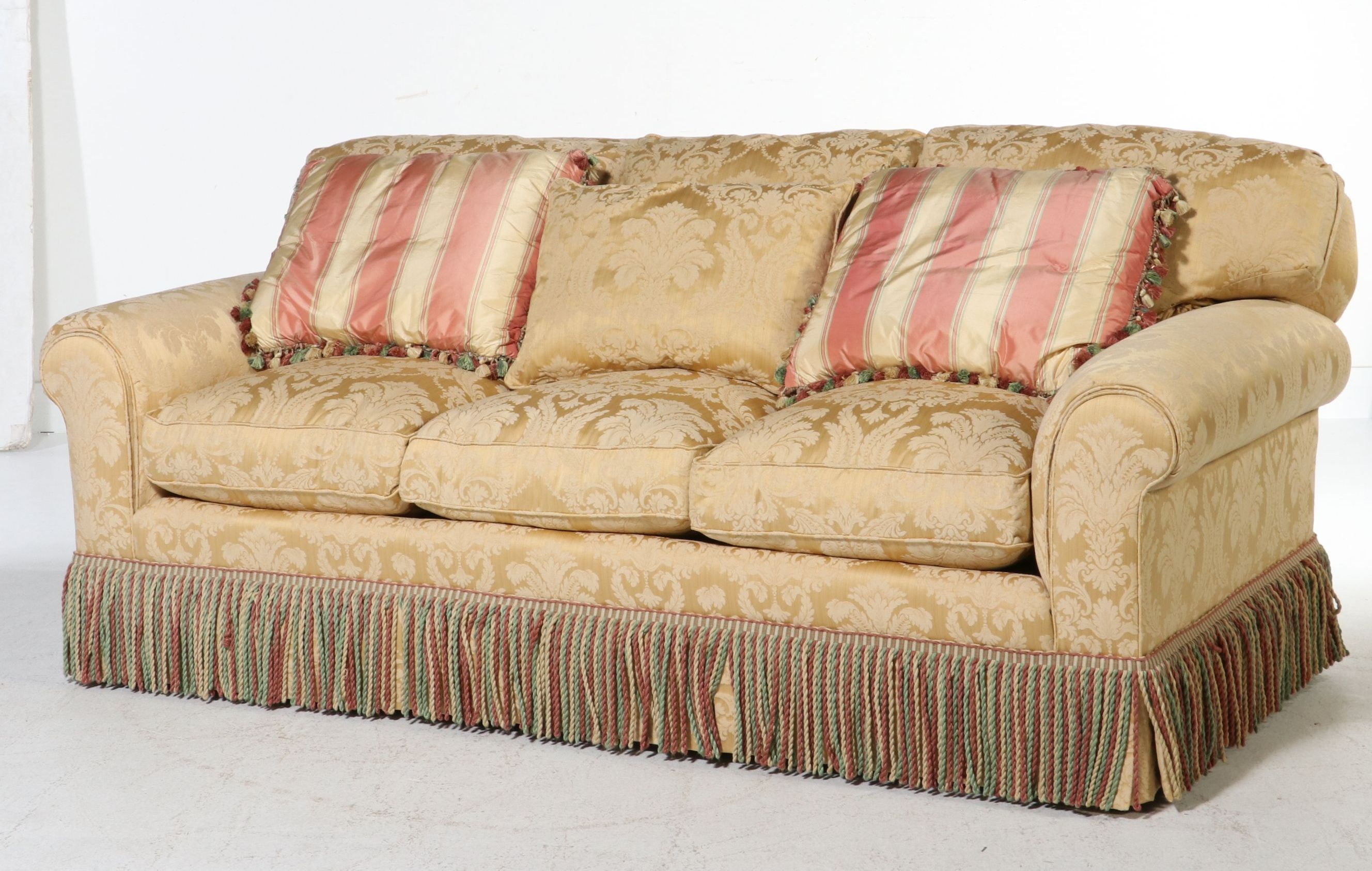 Century Furniture Traditional Damask Three-Seat Sofa with Bullion Fringe, 21st C