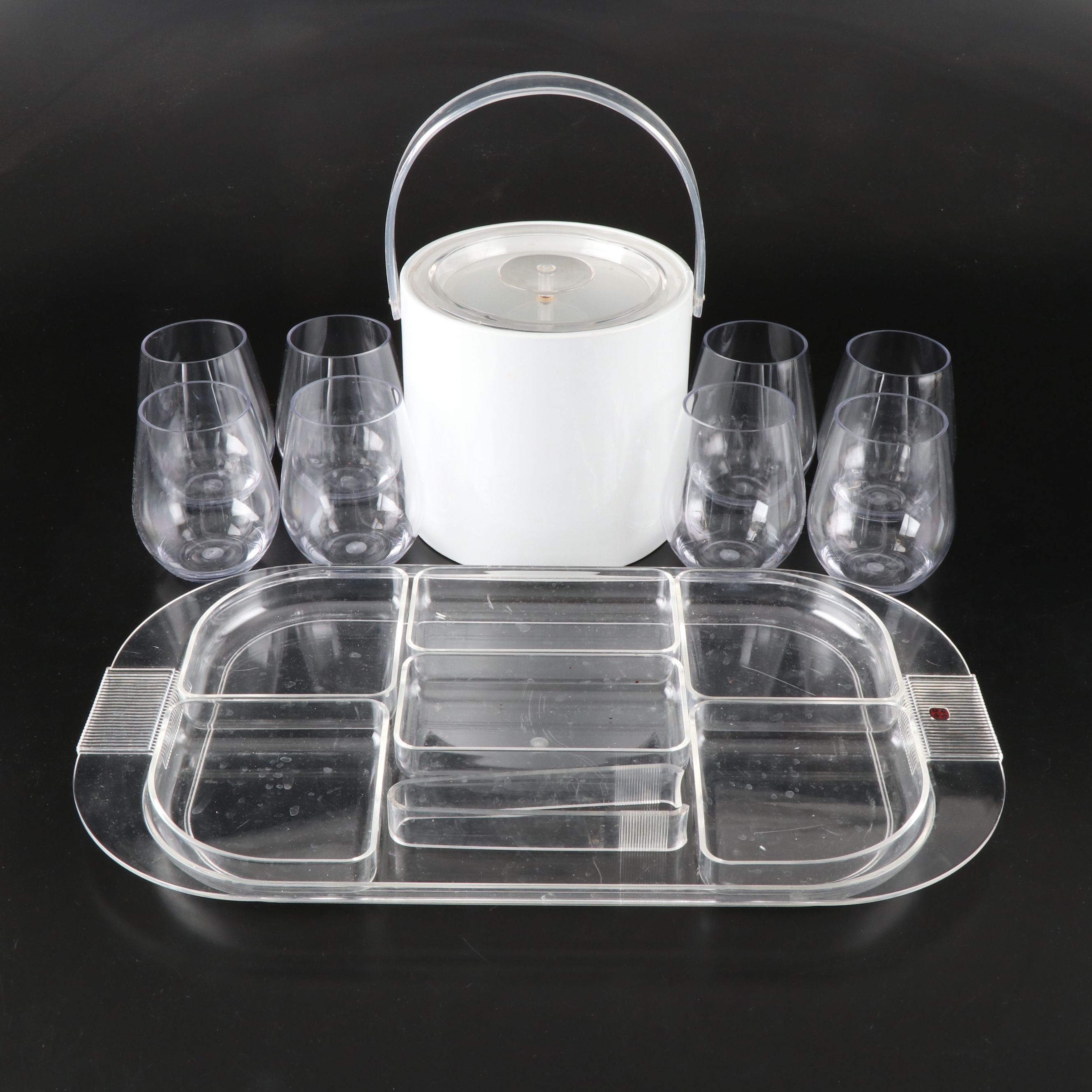 Guzzini Acrylic Divided Tray with Other Acrylic Ice Bucket and Wine Glasses
