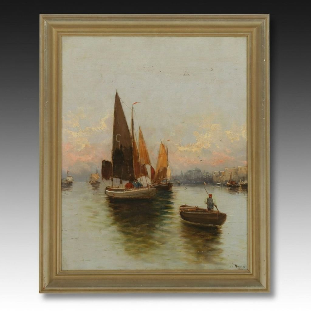 Continental European Harbor Scene Oil Painting, Late 19th Century