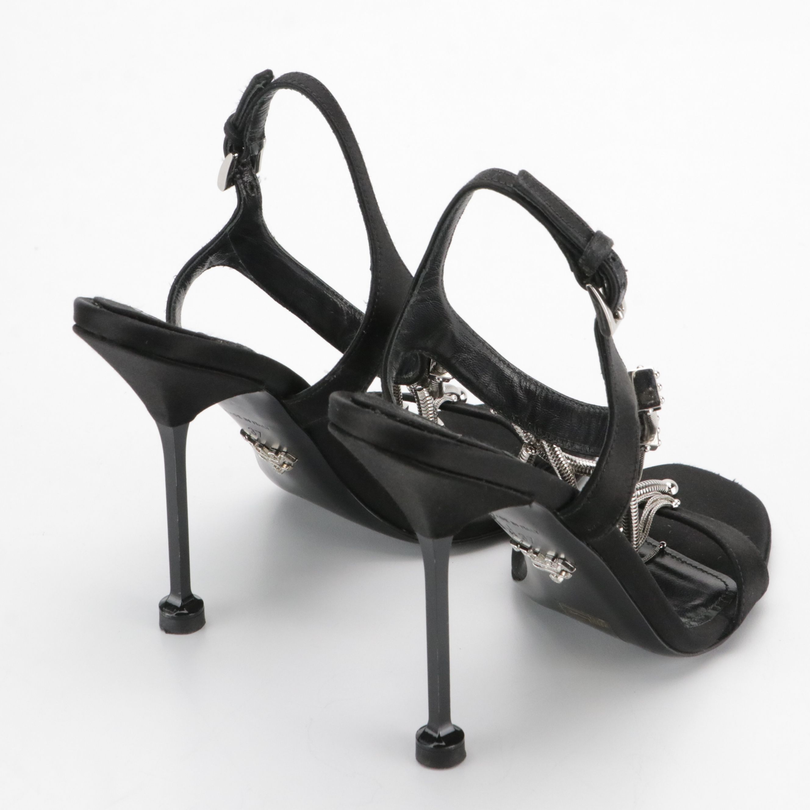 Prada Black Satin T-Strap Stiletto Sandals with Metal Embellishments