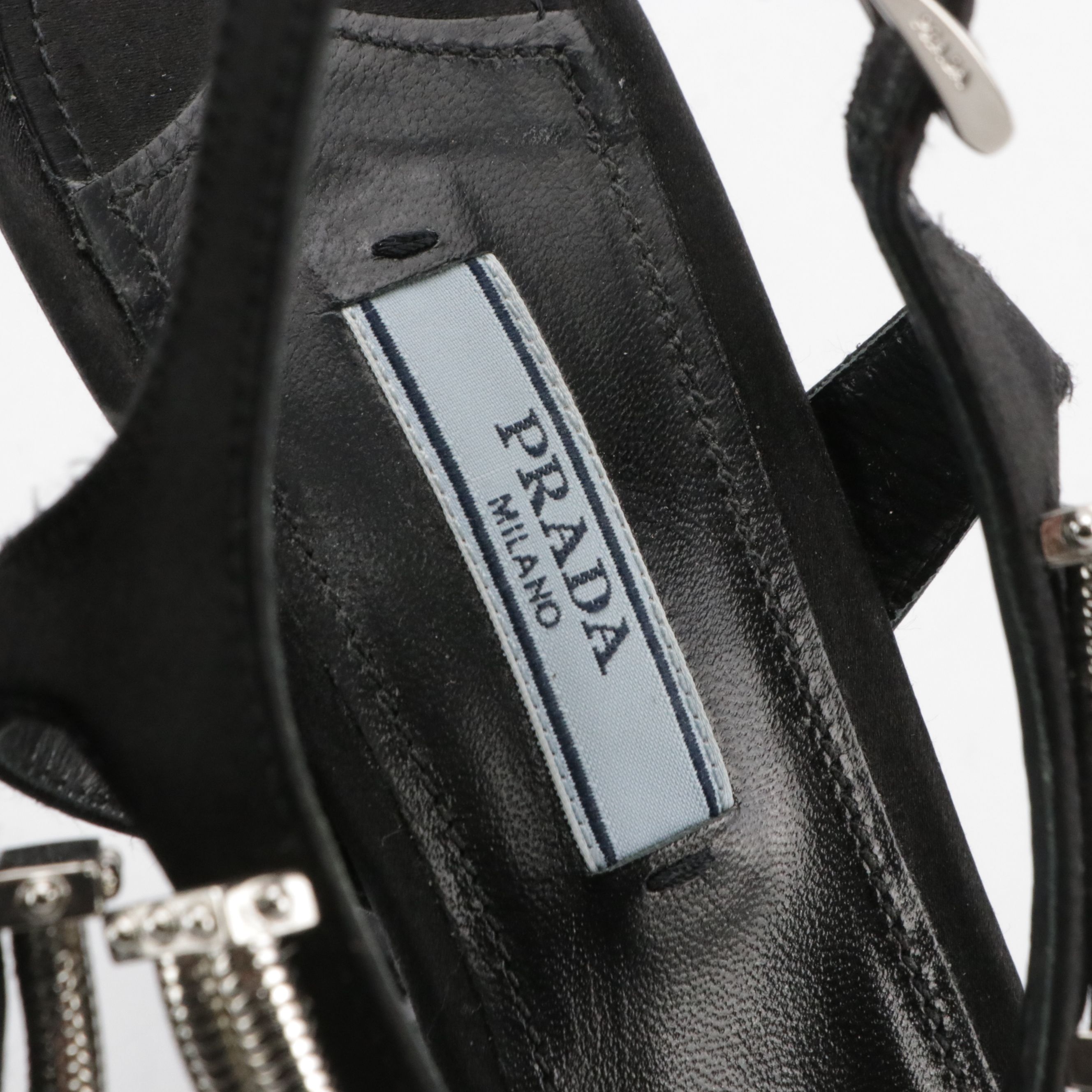 Prada Black Satin T-Strap Stiletto Sandals with Metal Embellishments