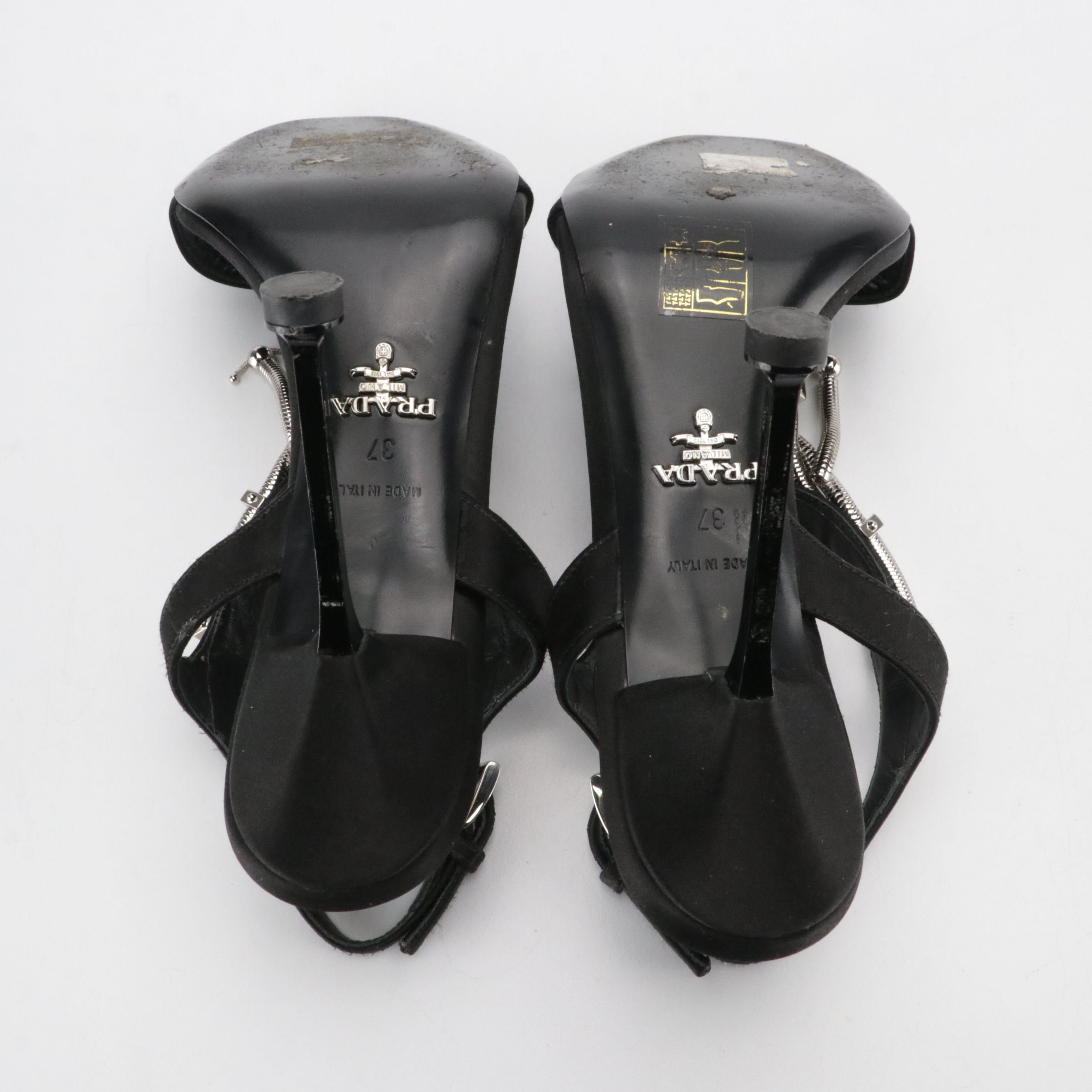 Prada Black Satin T-Strap Stiletto Sandals with Metal Embellishments